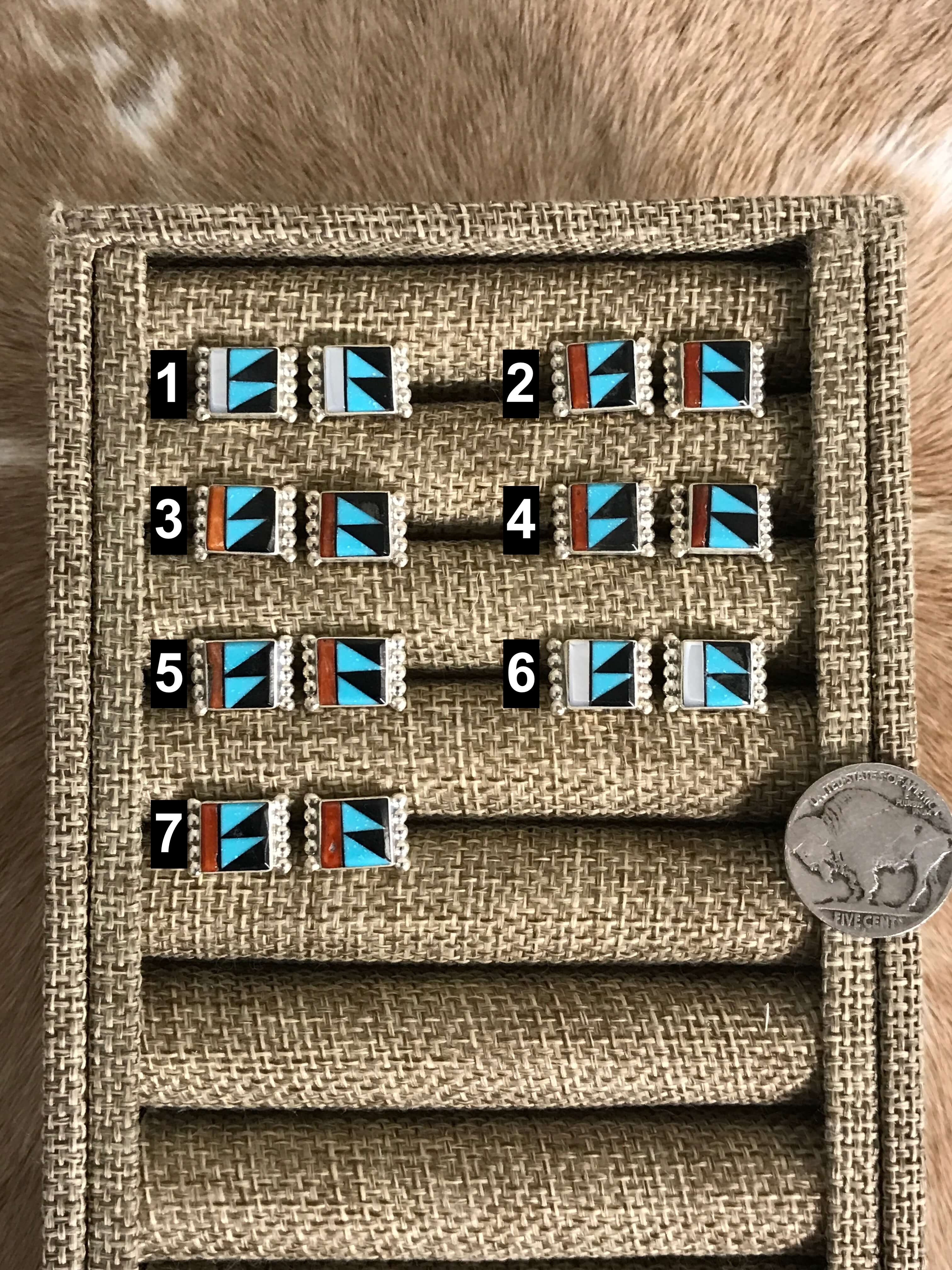 The Cinna Inlay Studs-Earrings-Calli Co., Turquoise and Silver Jewelry, Native American Handmade, Zuni Tribe, Navajo Tribe, Brock Texas