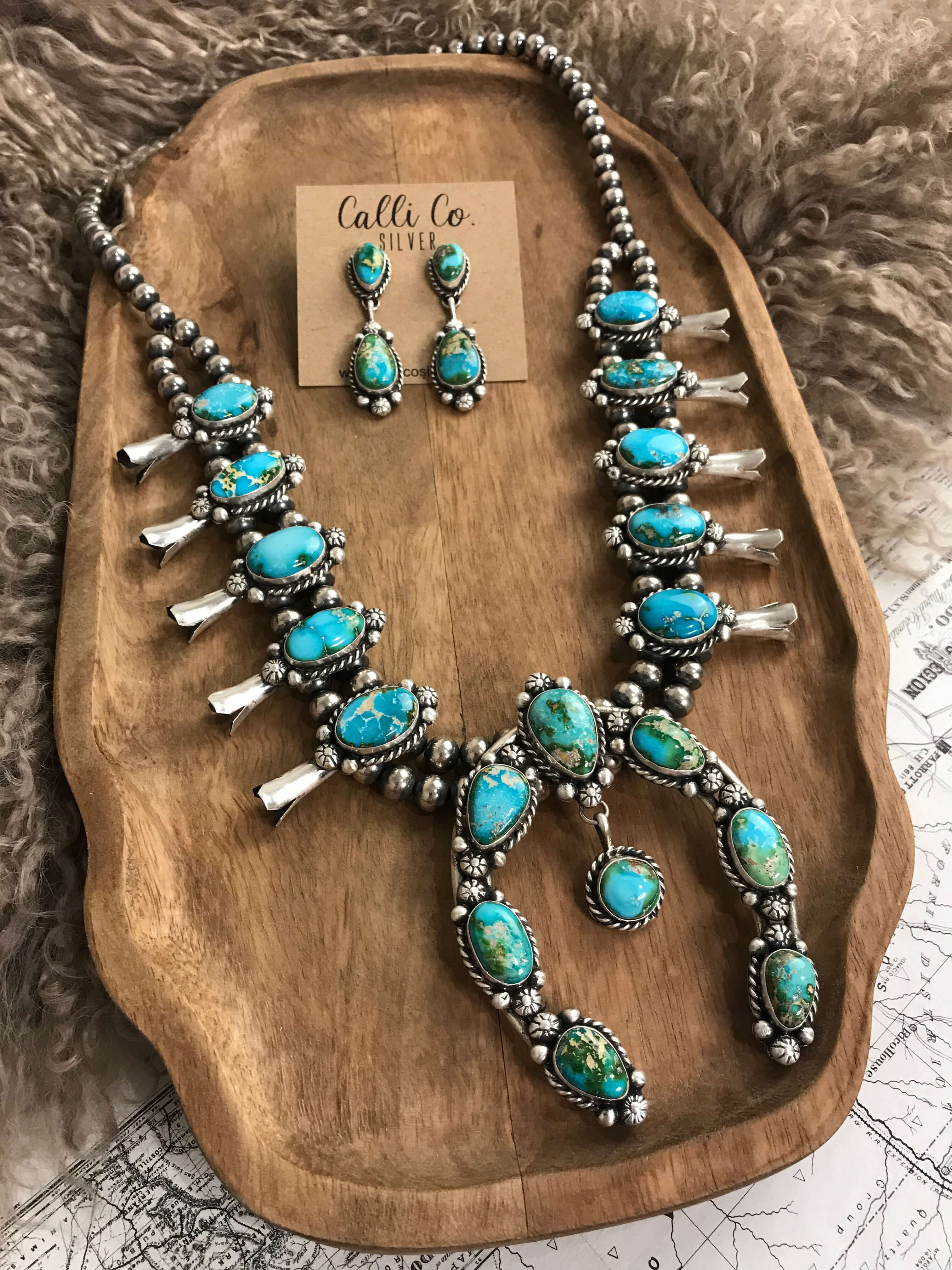 The Wind River Squash Blossom Necklace Set-Necklaces-Calli Co., Turquoise and Silver Jewelry, Native American Handmade, Zuni Tribe, Navajo Tribe, Brock Texas