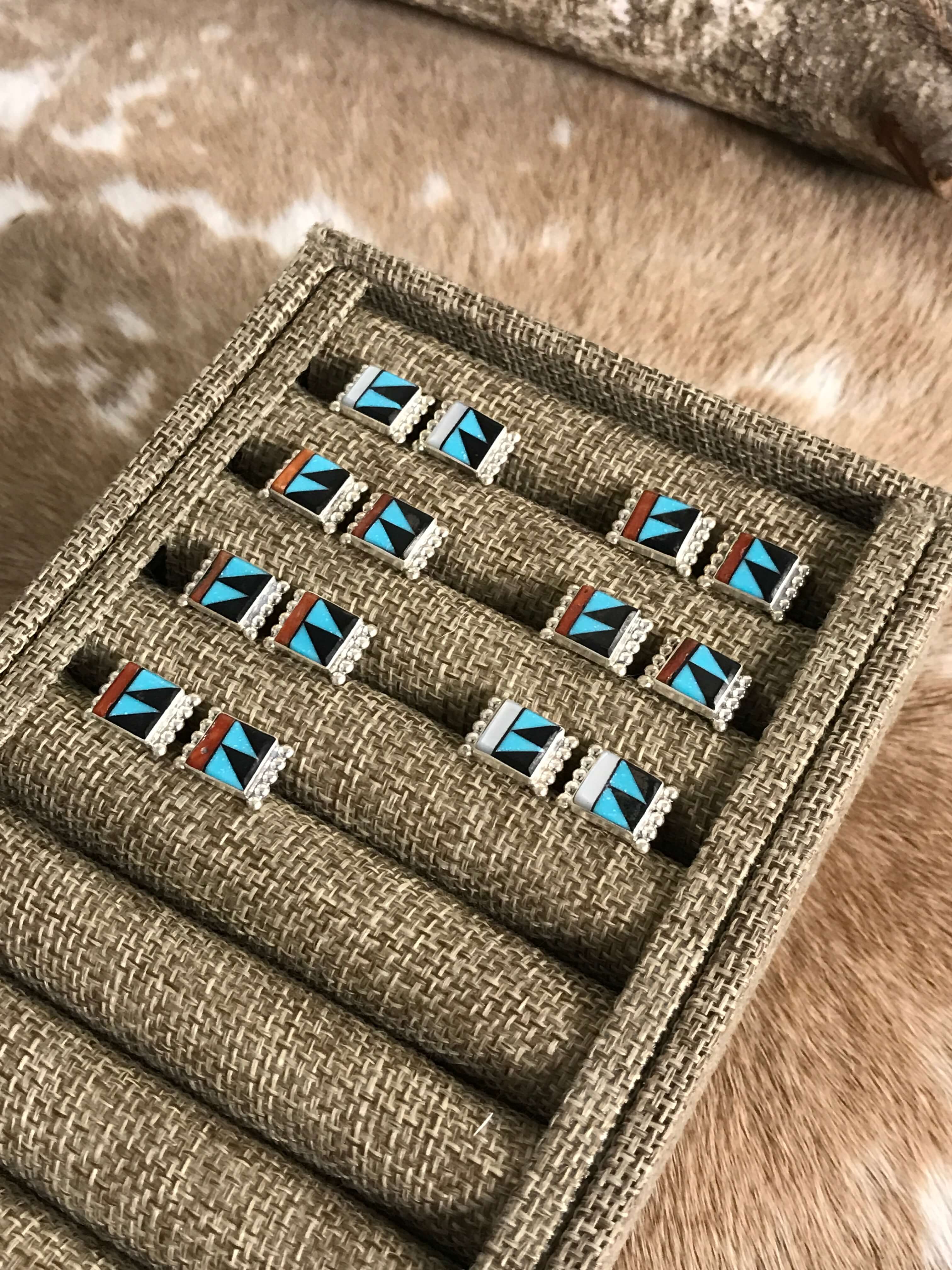 The Cinna Inlay Studs-Earrings-Calli Co., Turquoise and Silver Jewelry, Native American Handmade, Zuni Tribe, Navajo Tribe, Brock Texas