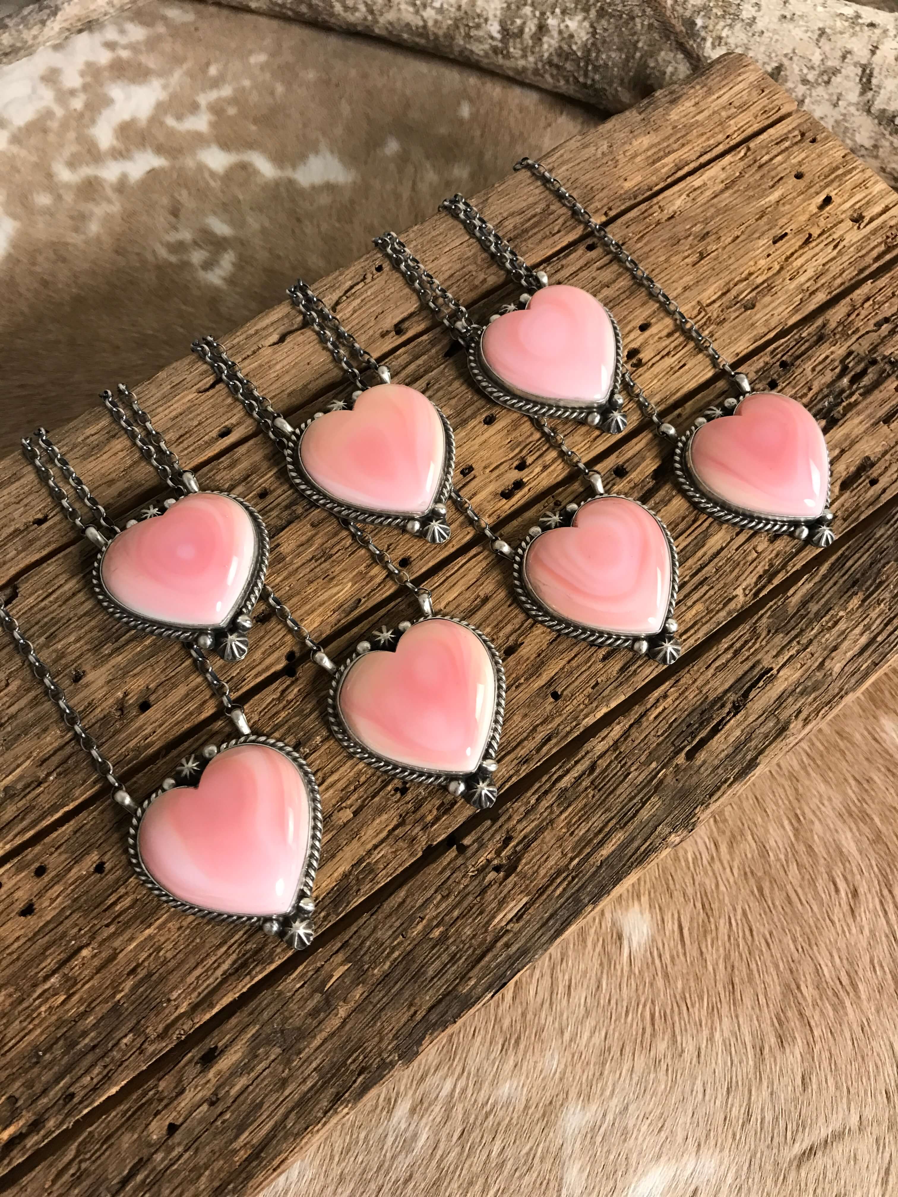 The Benavides Pink Conch Heart Necklaces-Necklaces-Calli Co., Turquoise and Silver Jewelry, Native American Handmade, Zuni Tribe, Navajo Tribe, Brock Texas