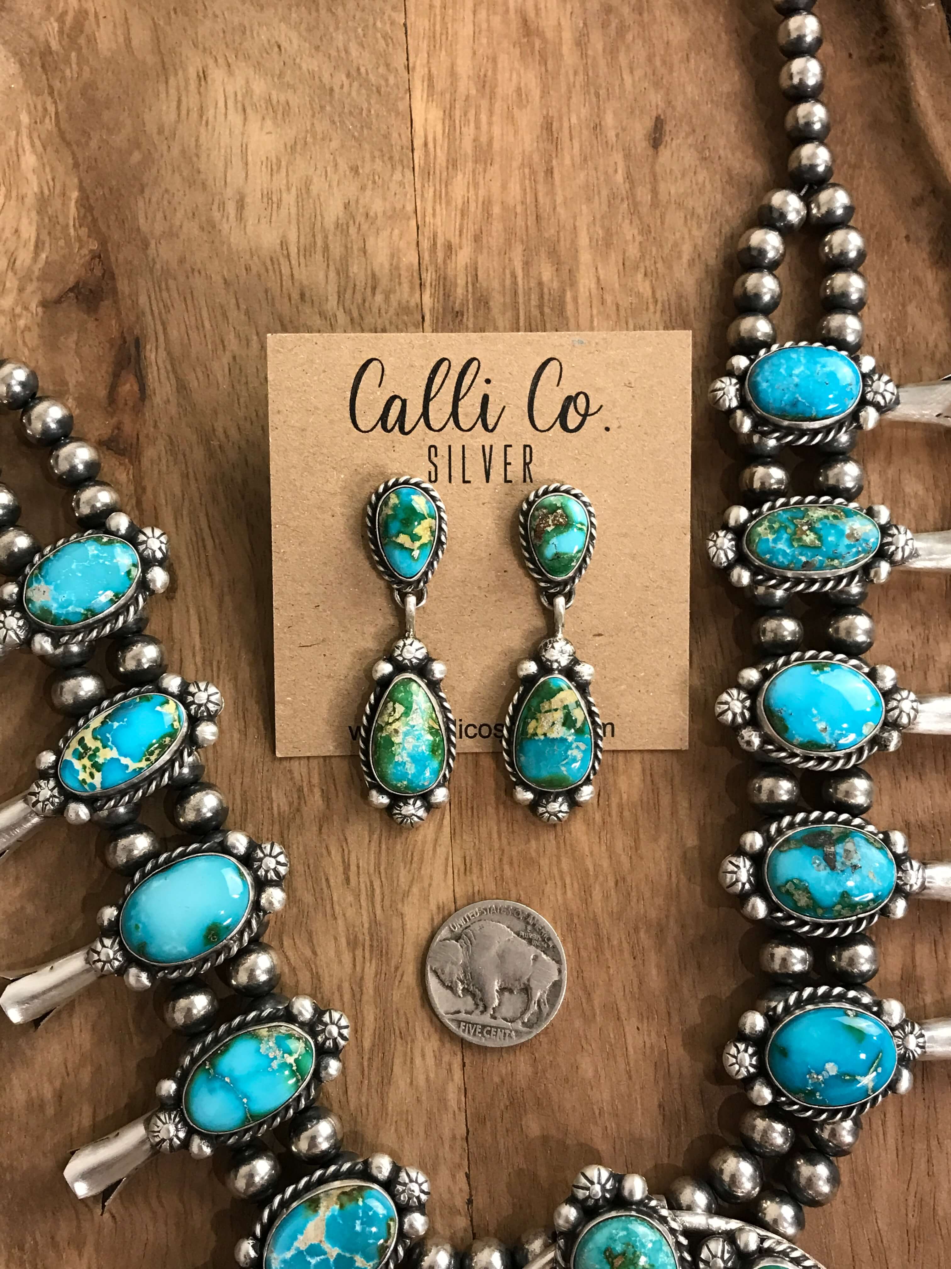 The Wind River Squash Blossom Necklace Set-Necklaces-Calli Co., Turquoise and Silver Jewelry, Native American Handmade, Zuni Tribe, Navajo Tribe, Brock Texas
