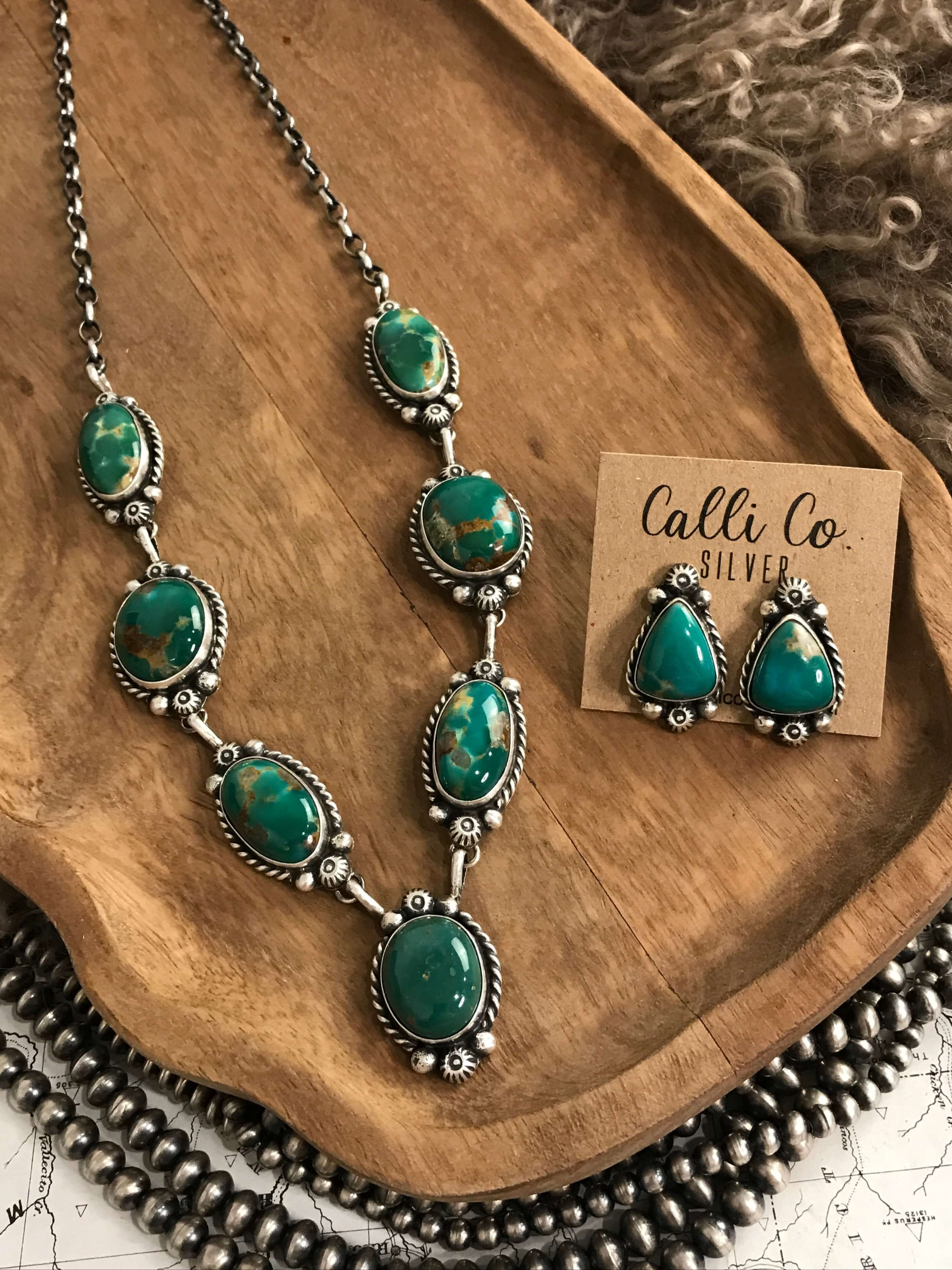 The Ellis Turquoise Lariat Necklace Set-Necklaces-Calli Co., Turquoise and Silver Jewelry, Native American Handmade, Zuni Tribe, Navajo Tribe, Brock Texas
