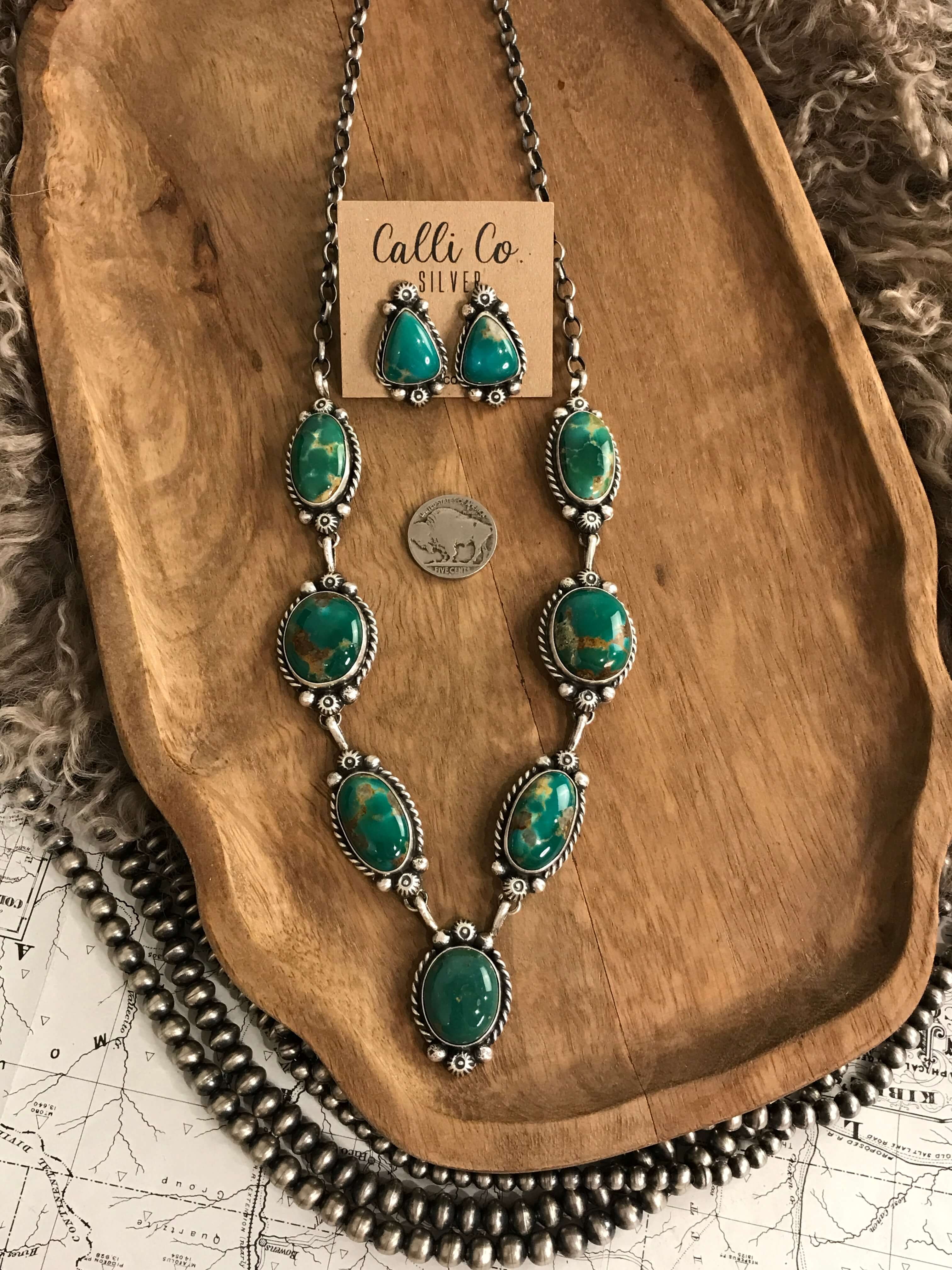 The Ellis Turquoise Lariat Necklace Set-Necklaces-Calli Co., Turquoise and Silver Jewelry, Native American Handmade, Zuni Tribe, Navajo Tribe, Brock Texas