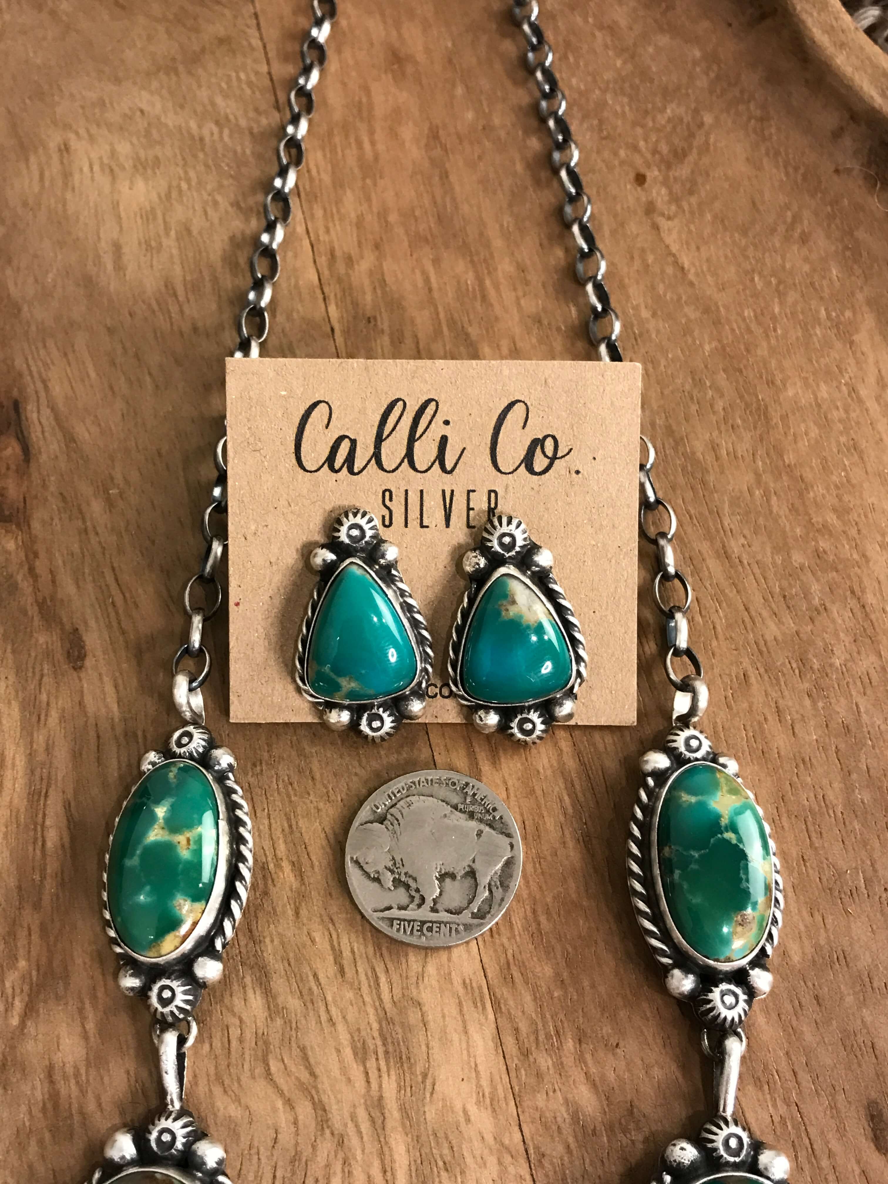 The Ellis Turquoise Lariat Necklace Set-Necklaces-Calli Co., Turquoise and Silver Jewelry, Native American Handmade, Zuni Tribe, Navajo Tribe, Brock Texas