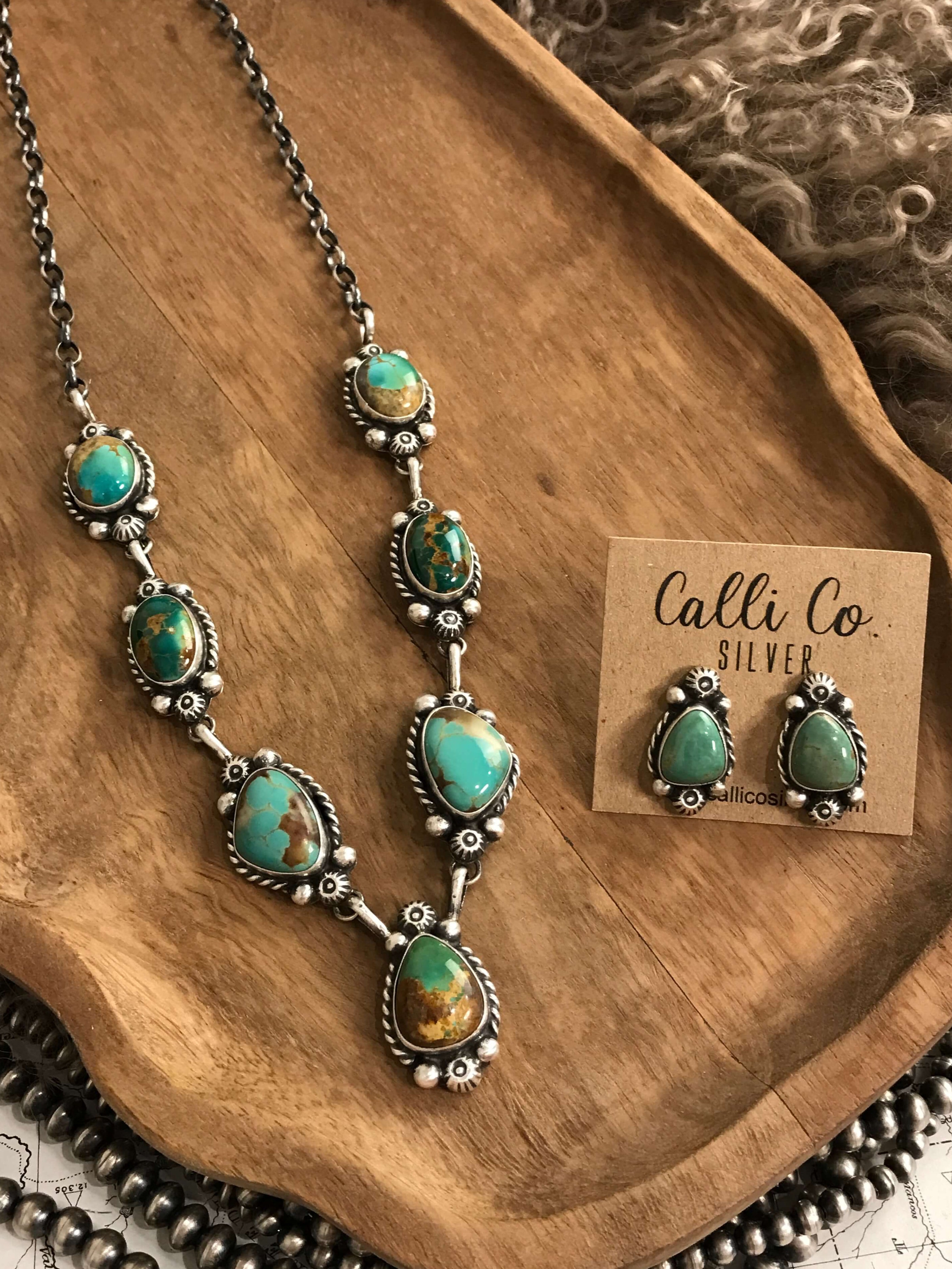 The Mae Turquoise Statement Necklace Set-Necklaces-Calli Co., Turquoise and Silver Jewelry, Native American Handmade, Zuni Tribe, Navajo Tribe, Brock Texas