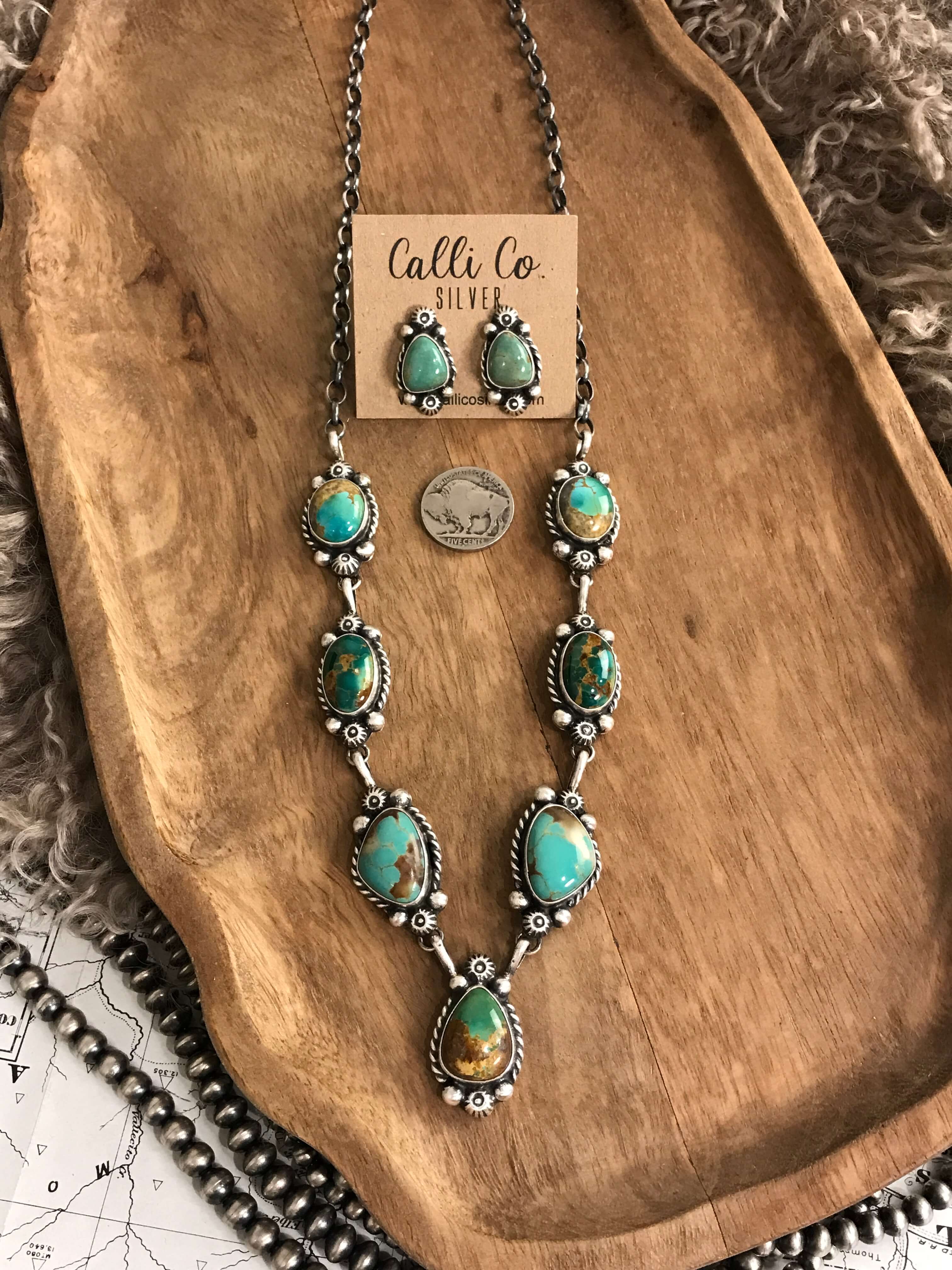The Mae Turquoise Statement Necklace Set-Necklaces-Calli Co., Turquoise and Silver Jewelry, Native American Handmade, Zuni Tribe, Navajo Tribe, Brock Texas