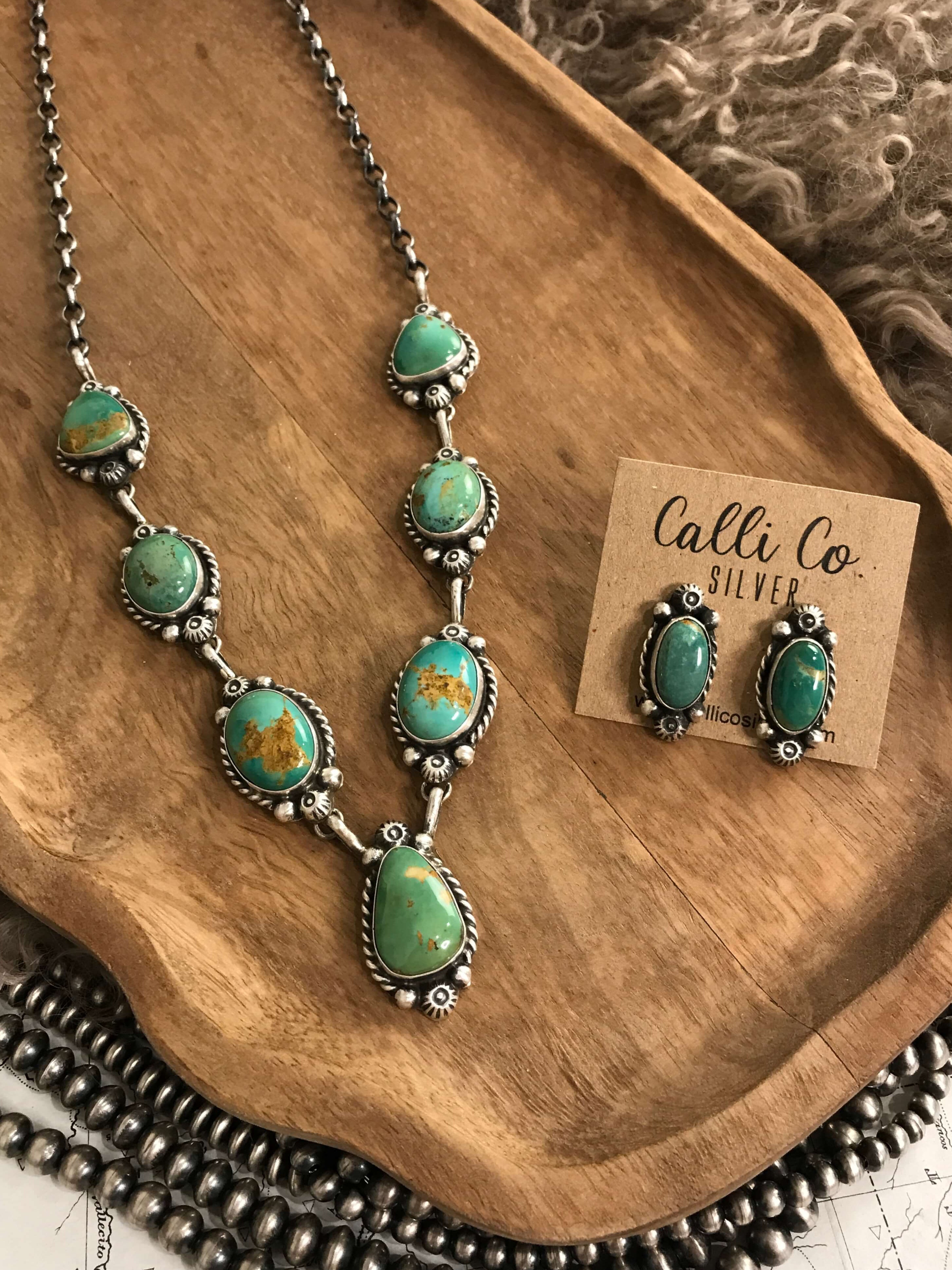 The Isla Turquoise Statement Necklace Set-Necklaces-Calli Co., Turquoise and Silver Jewelry, Native American Handmade, Zuni Tribe, Navajo Tribe, Brock Texas