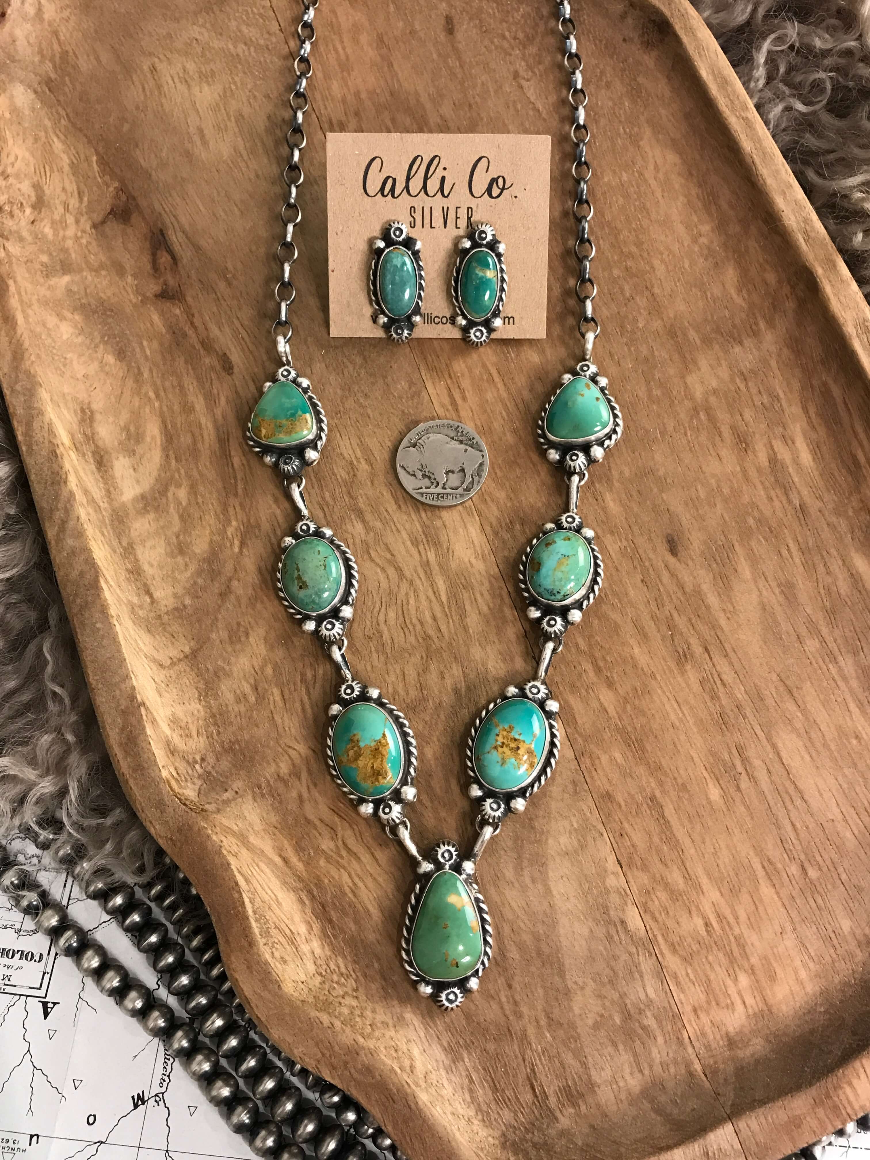 The Isla Turquoise Statement Necklace Set-Necklaces-Calli Co., Turquoise and Silver Jewelry, Native American Handmade, Zuni Tribe, Navajo Tribe, Brock Texas