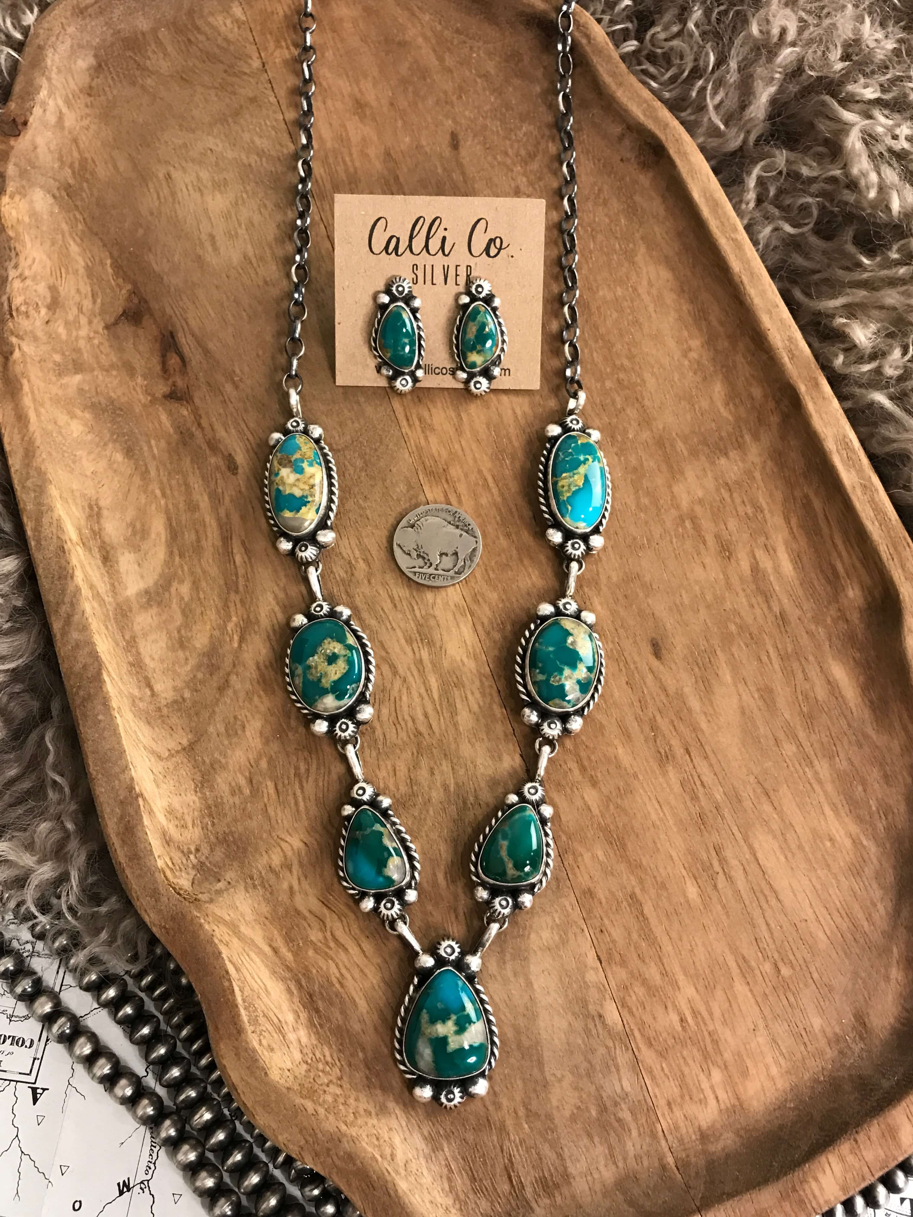 The Talula Turquoise Statement Necklace Set-Necklaces-Calli Co., Turquoise and Silver Jewelry, Native American Handmade, Zuni Tribe, Navajo Tribe, Brock Texas