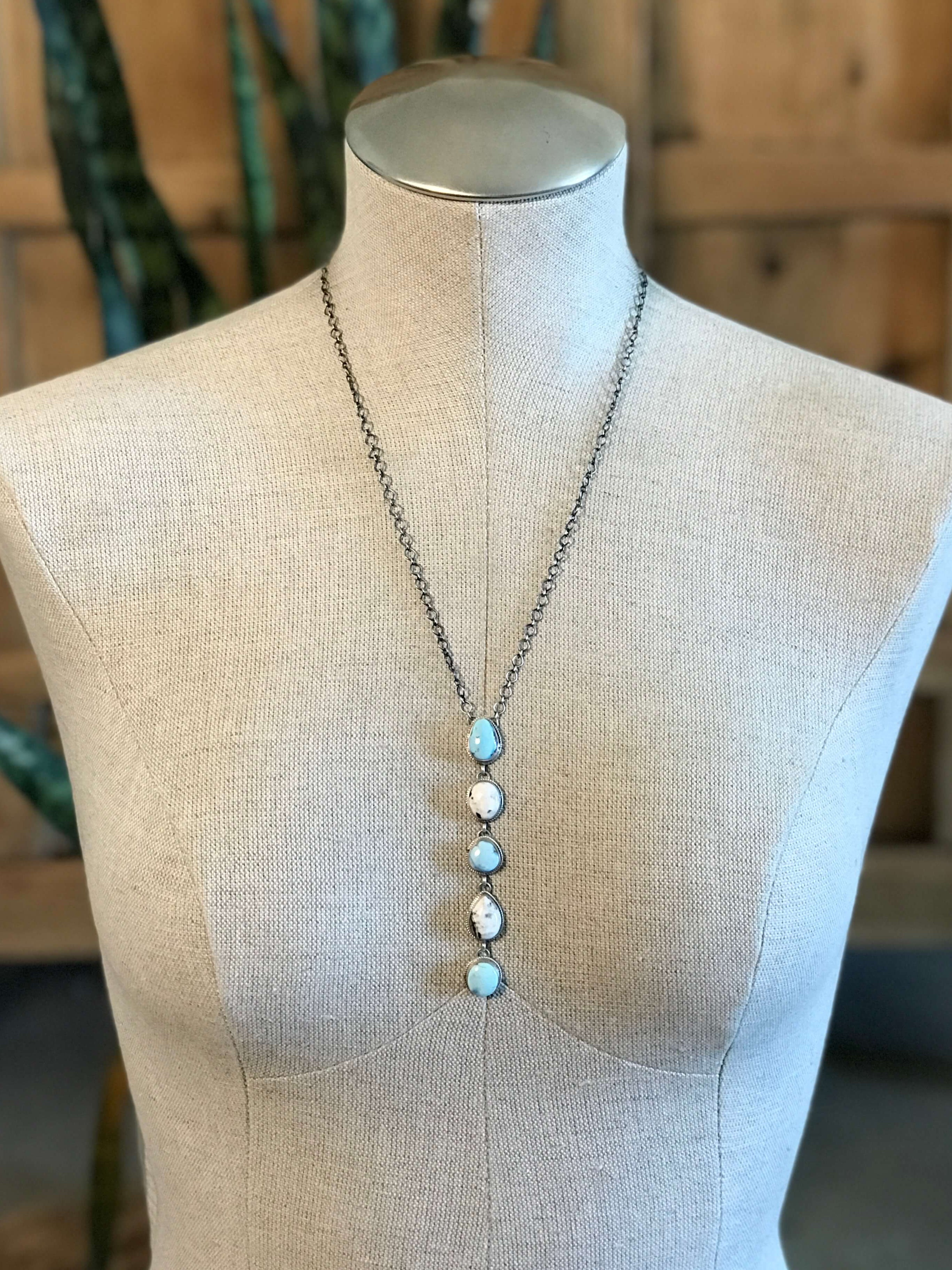 The Arroyo 5 Stone Lariat Necklace, 1-Necklaces-Calli Co., Turquoise and Silver Jewelry, Native American Handmade, Zuni Tribe, Navajo Tribe, Brock Texas