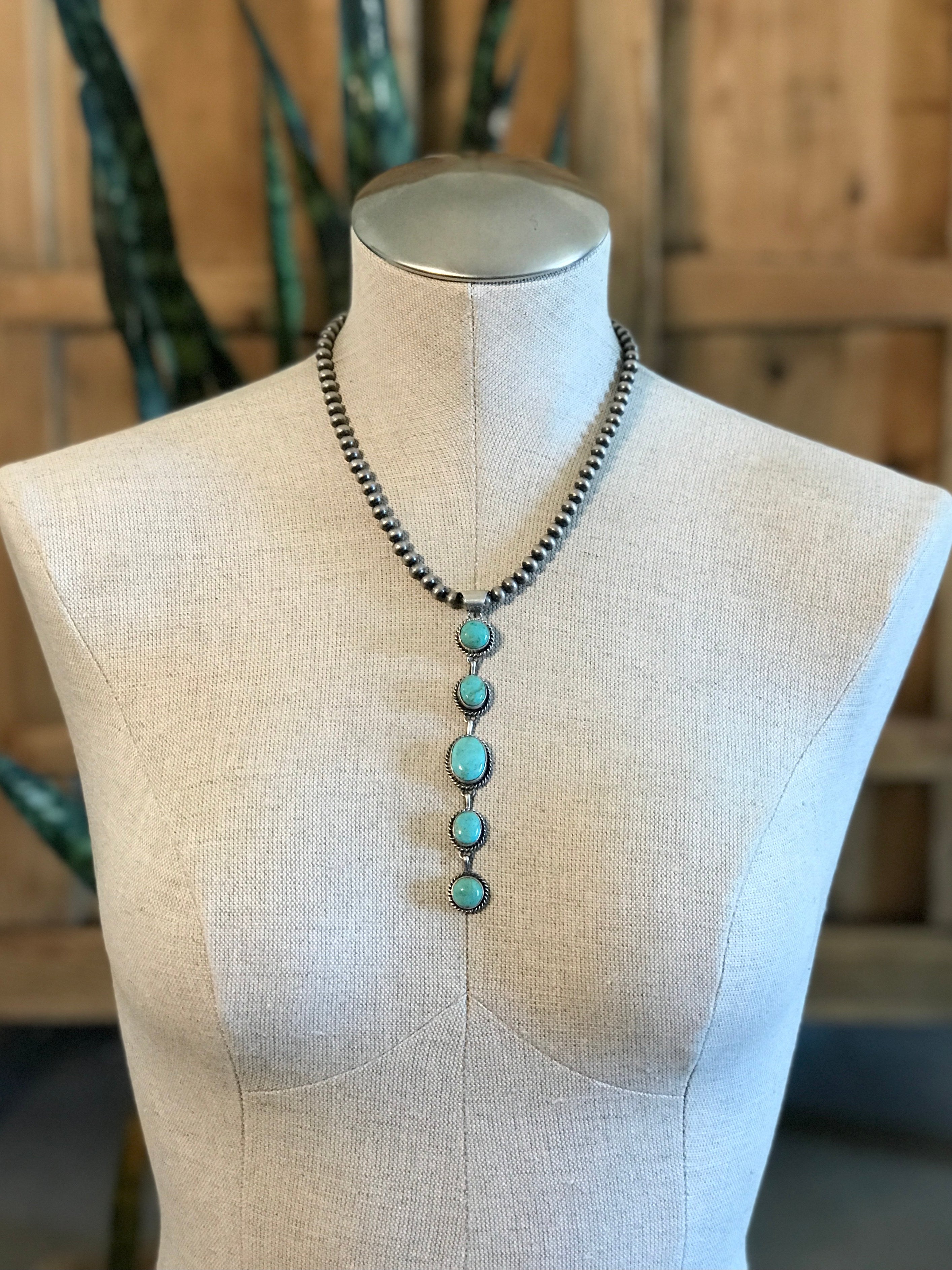 The Durango 5 Stone Lariat Pendant, 1-Necklaces-Calli Co., Turquoise and Silver Jewelry, Native American Handmade, Zuni Tribe, Navajo Tribe, Brock Texas