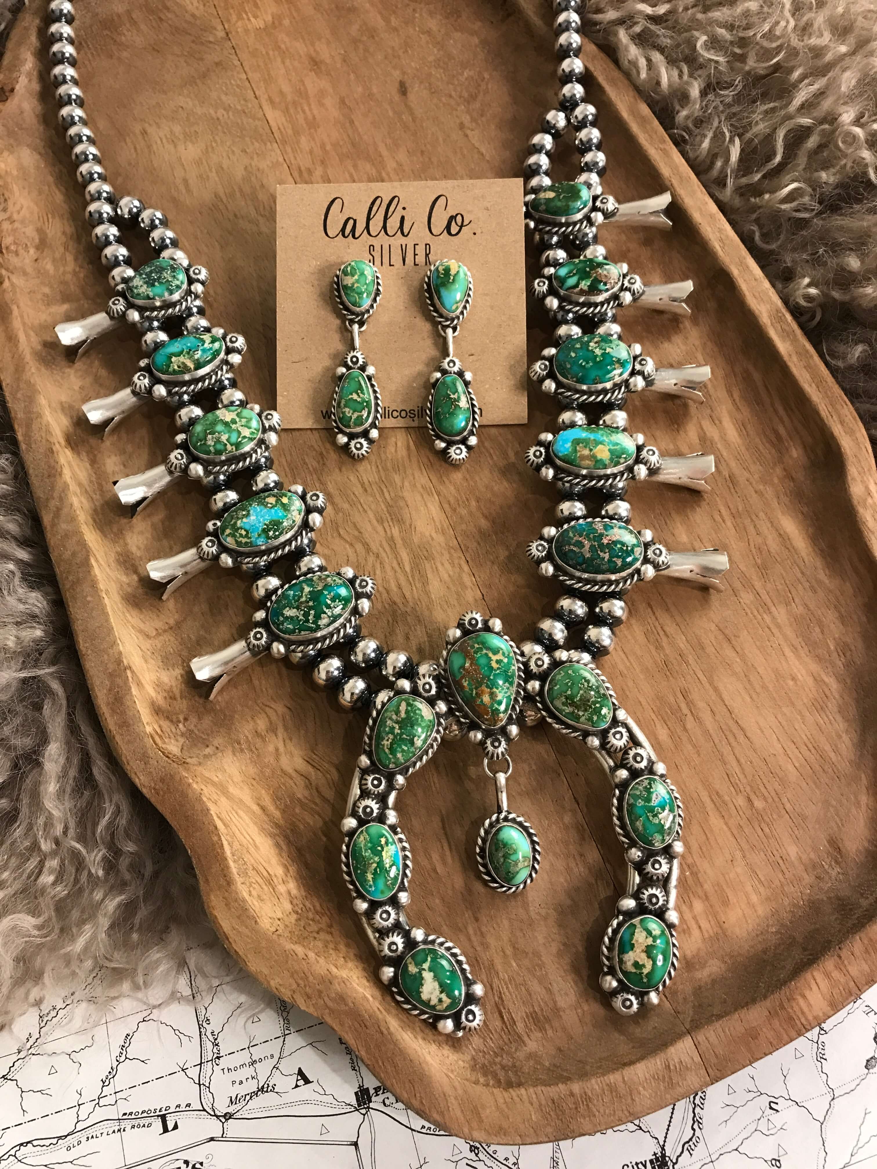 The Josephine Squash Blossom Necklace Set-Necklaces-Calli Co., Turquoise and Silver Jewelry, Native American Handmade, Zuni Tribe, Navajo Tribe, Brock Texas
