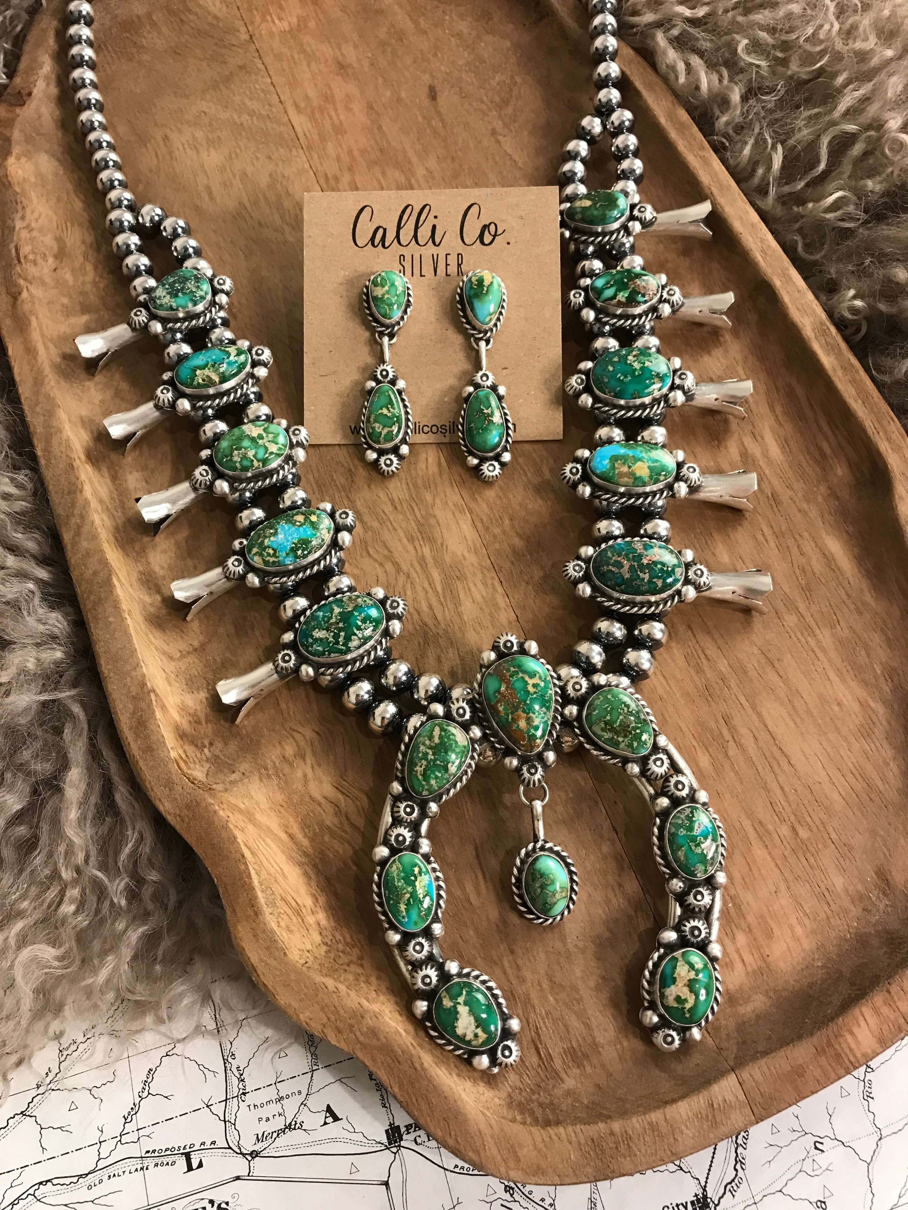 The Josephine Squash Blossom Necklace Set-Necklaces-Calli Co., Turquoise and Silver Jewelry, Native American Handmade, Zuni Tribe, Navajo Tribe, Brock Texas