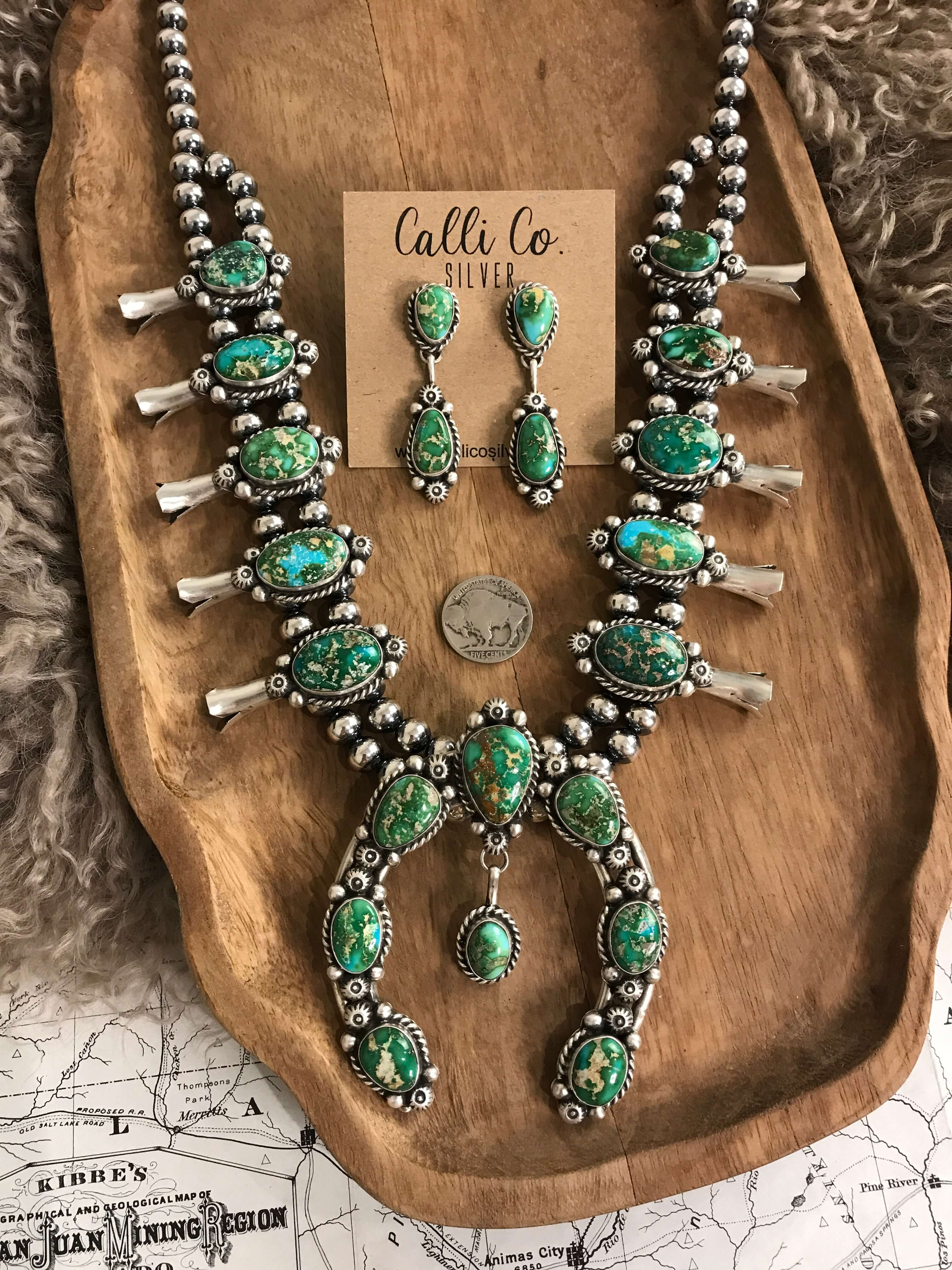 The Josephine Squash Blossom Necklace Set-Necklaces-Calli Co., Turquoise and Silver Jewelry, Native American Handmade, Zuni Tribe, Navajo Tribe, Brock Texas