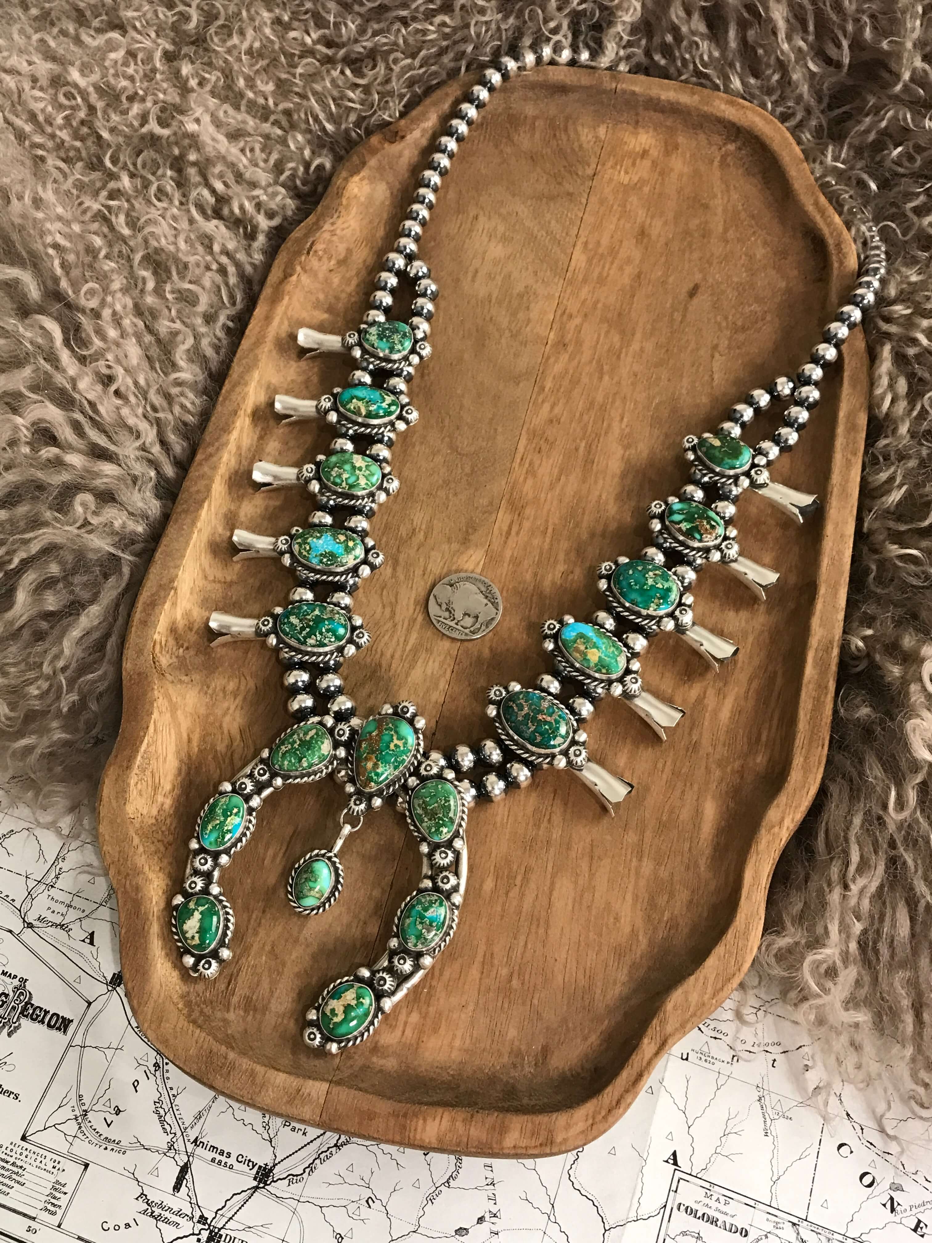 The Josephine Squash Blossom Necklace Set-Necklaces-Calli Co., Turquoise and Silver Jewelry, Native American Handmade, Zuni Tribe, Navajo Tribe, Brock Texas