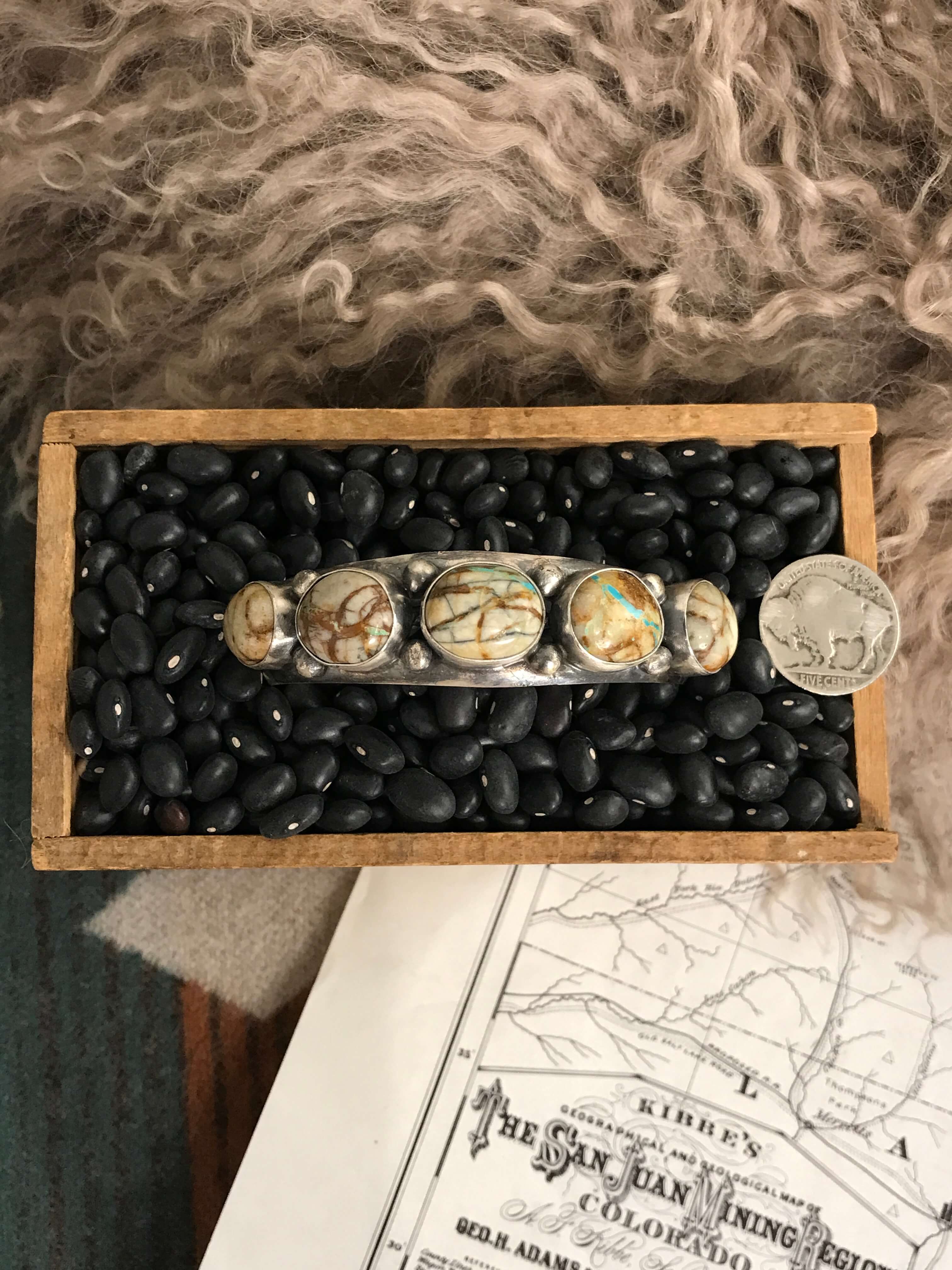 The 5 Stone Ribbon Cuff, 1-Bracelets & Cuffs-Calli Co., Turquoise and Silver Jewelry, Native American Handmade, Zuni Tribe, Navajo Tribe, Brock Texas