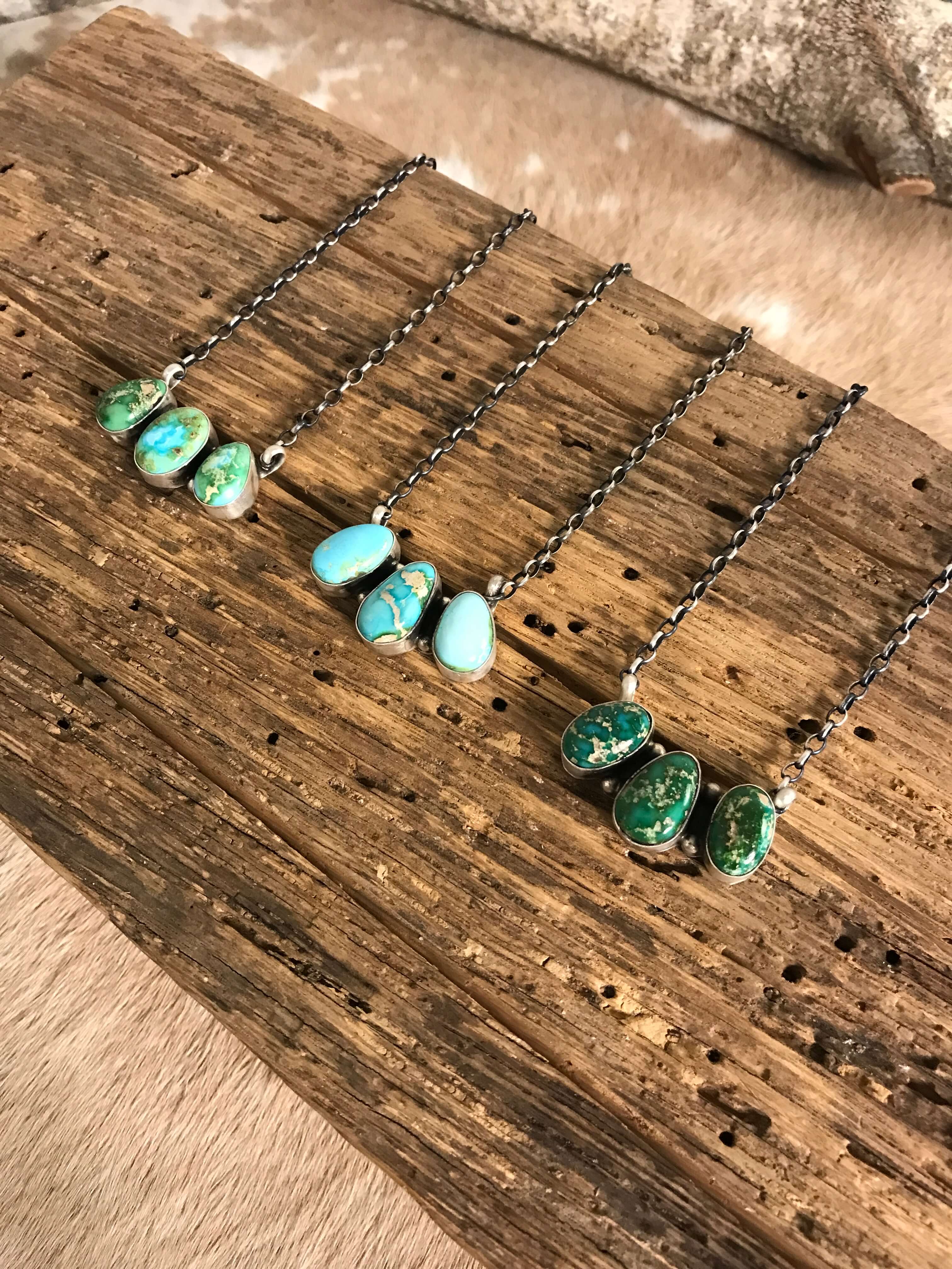 The Mckinnon Turquoise 3 Stone Necklaces-Necklaces-Calli Co., Turquoise and Silver Jewelry, Native American Handmade, Zuni Tribe, Navajo Tribe, Brock Texas