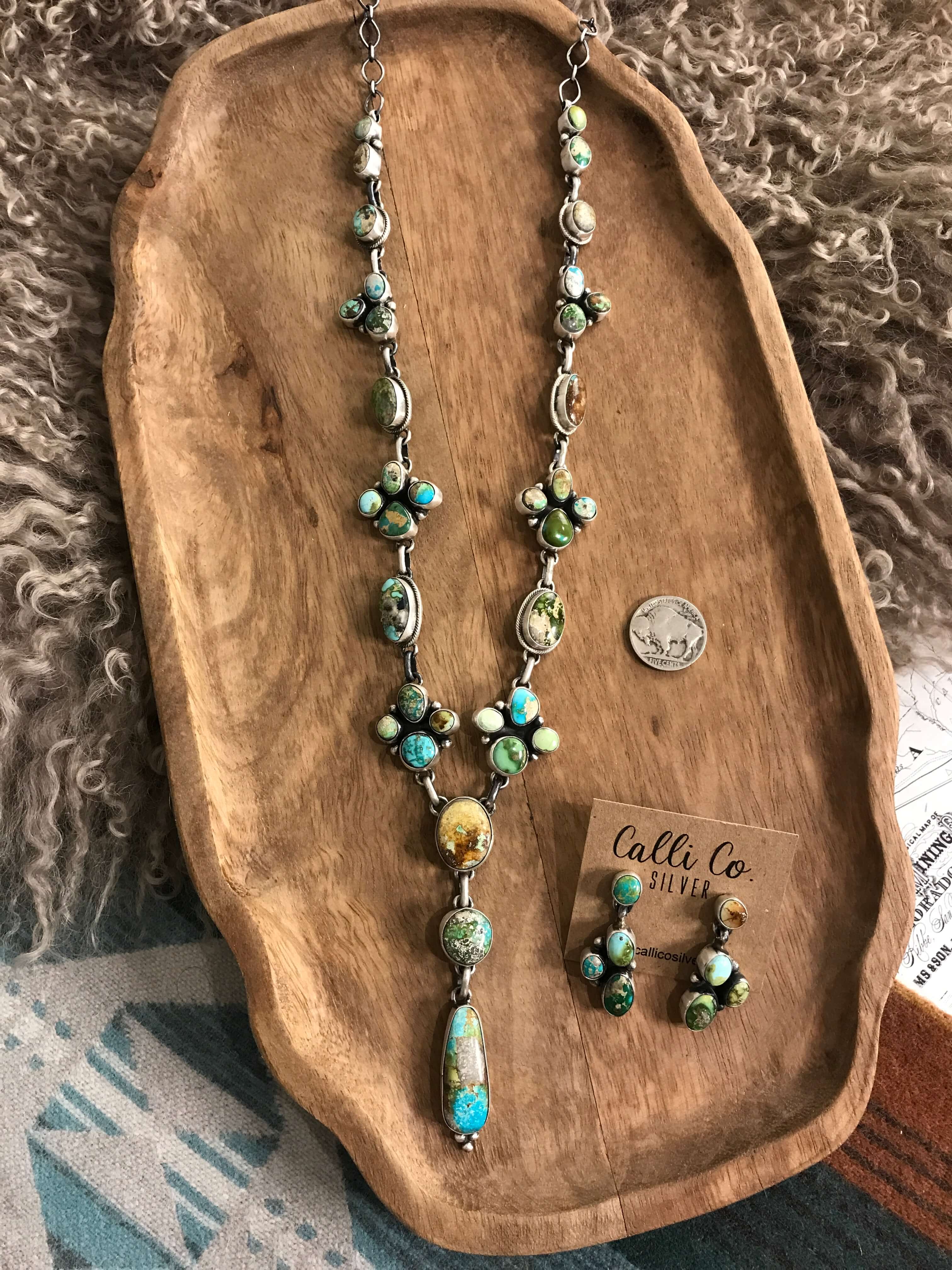 The Eastwood Lariat Necklace Set-Necklaces-Calli Co., Turquoise and Silver Jewelry, Native American Handmade, Zuni Tribe, Navajo Tribe, Brock Texas