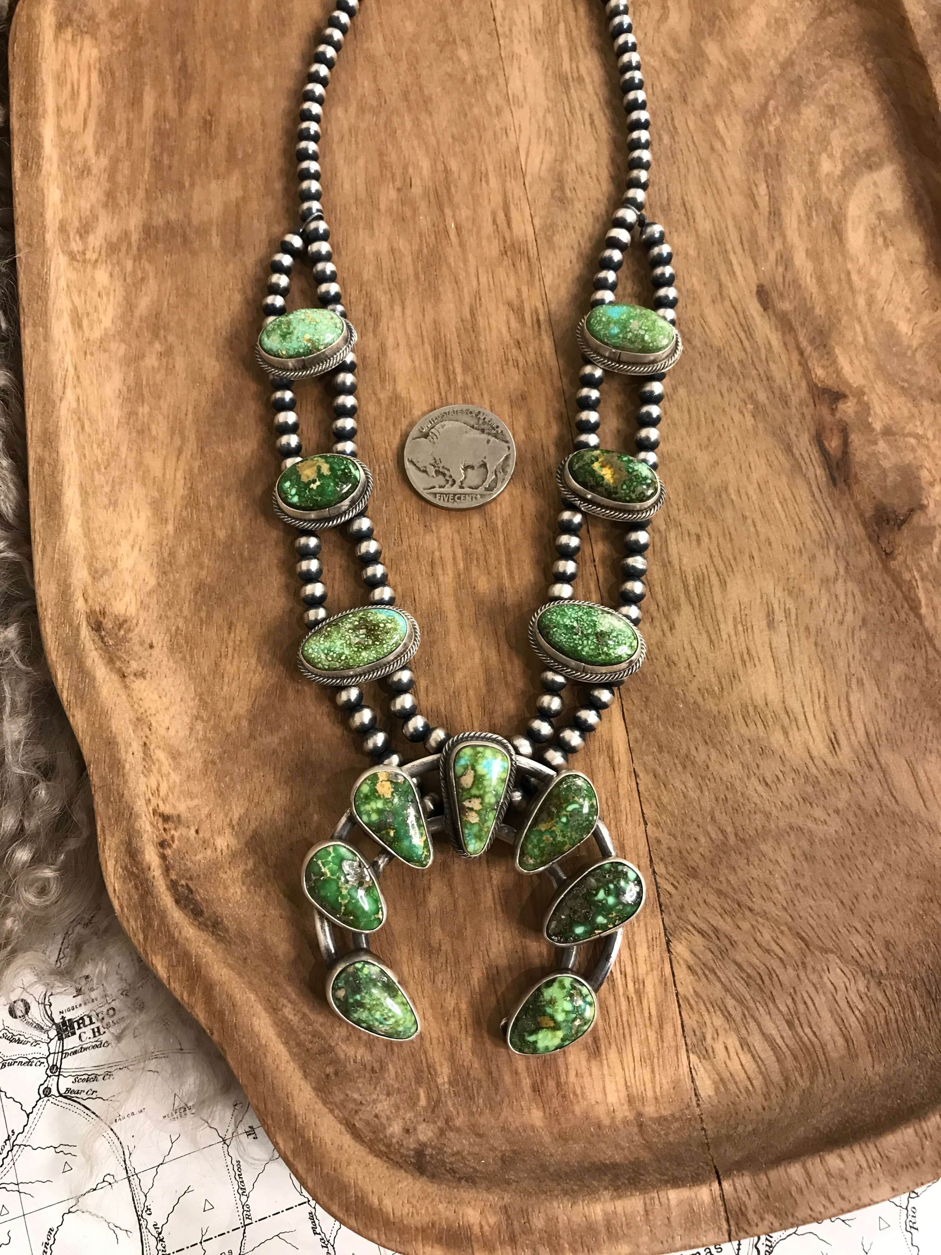 The Boca Grande Squash Blossom Necklace Set-Necklaces-Calli Co., Turquoise and Silver Jewelry, Native American Handmade, Zuni Tribe, Navajo Tribe, Brock Texas