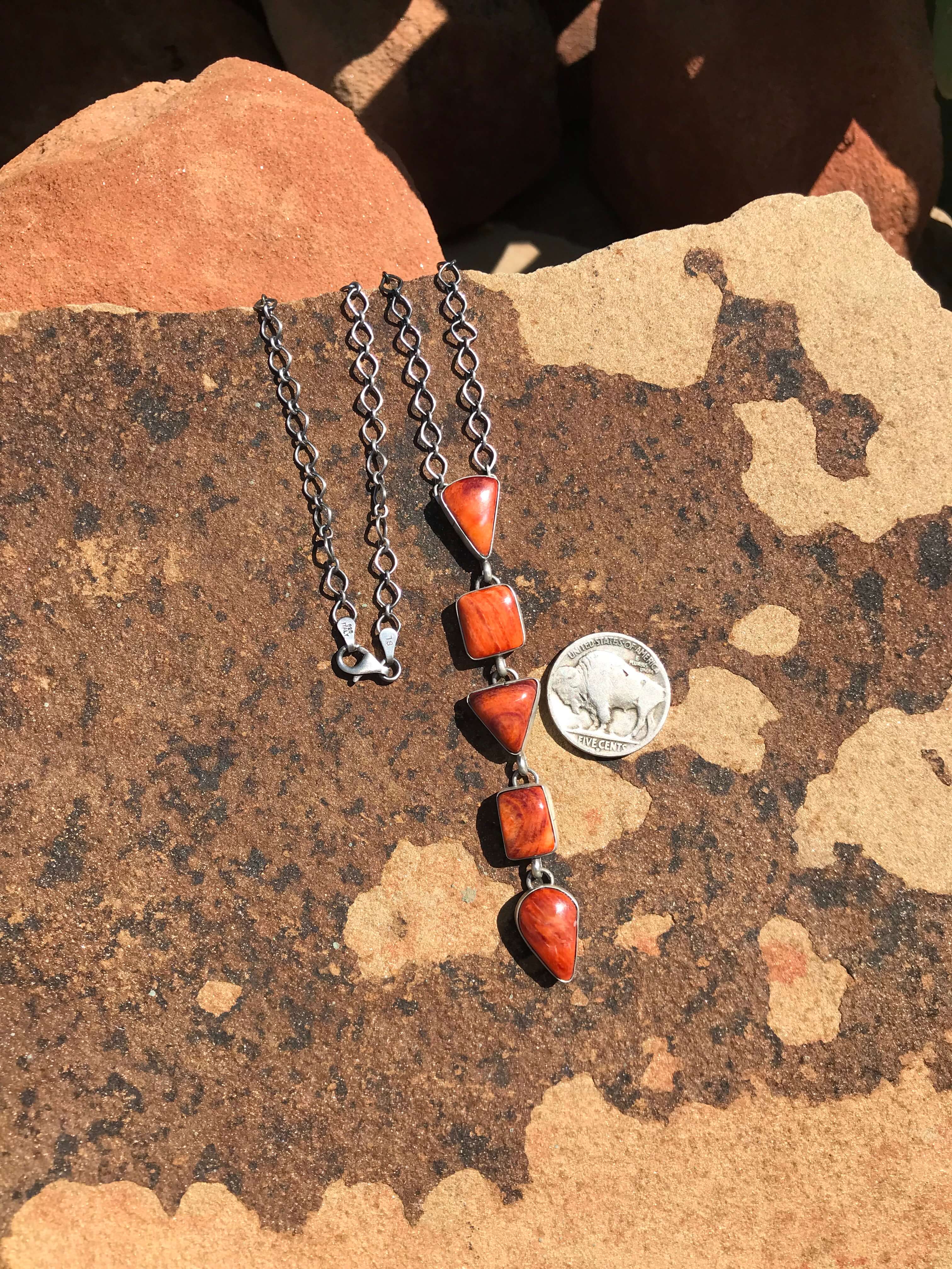 The Arroyo 5 Stone Lariat Necklace, 22-Necklaces-Calli Co., Turquoise and Silver Jewelry, Native American Handmade, Zuni Tribe, Navajo Tribe, Brock Texas