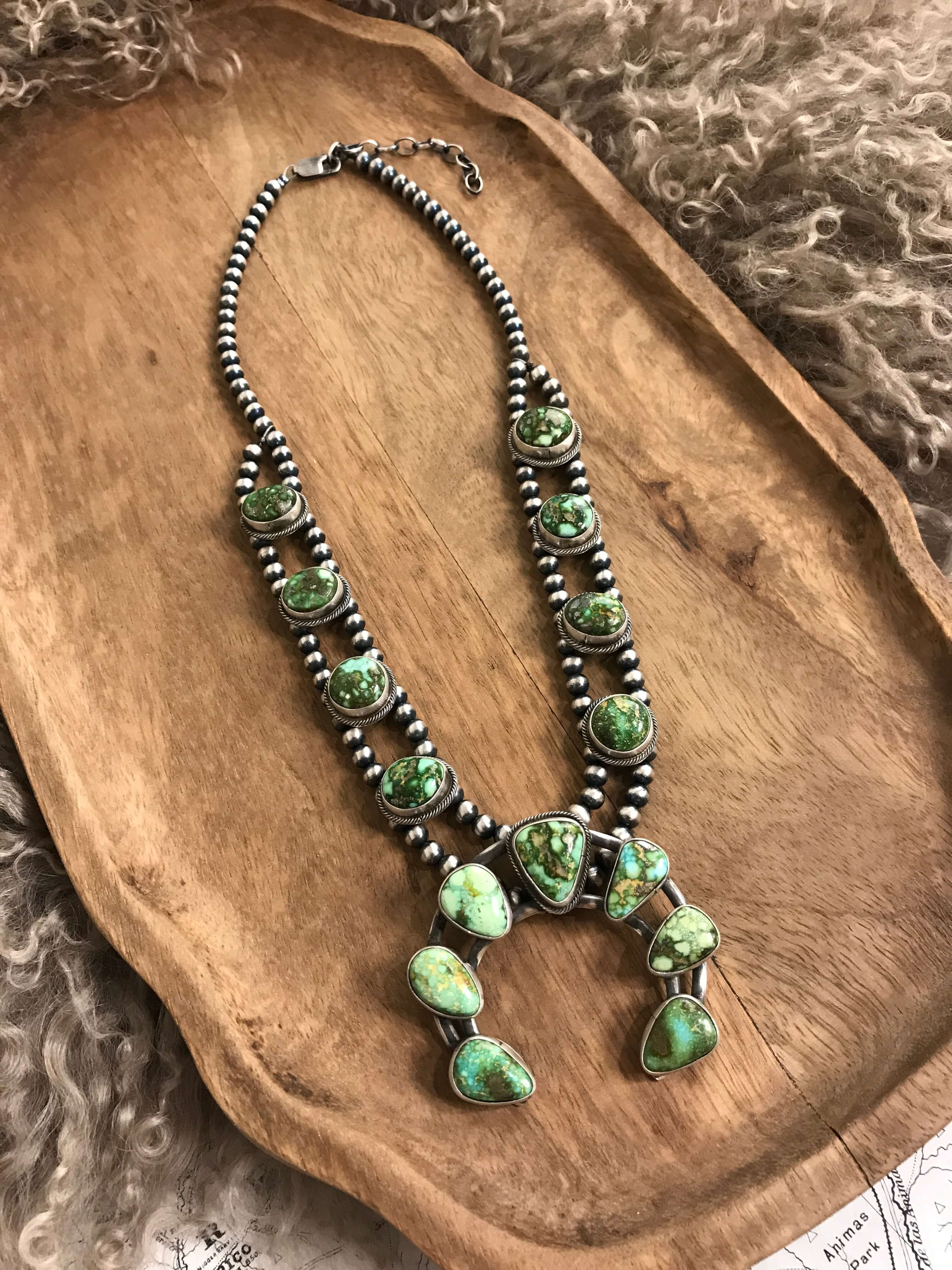 The Tomoka Squash Blossom Necklace-Necklaces-Calli Co., Turquoise and Silver Jewelry, Native American Handmade, Zuni Tribe, Navajo Tribe, Brock Texas