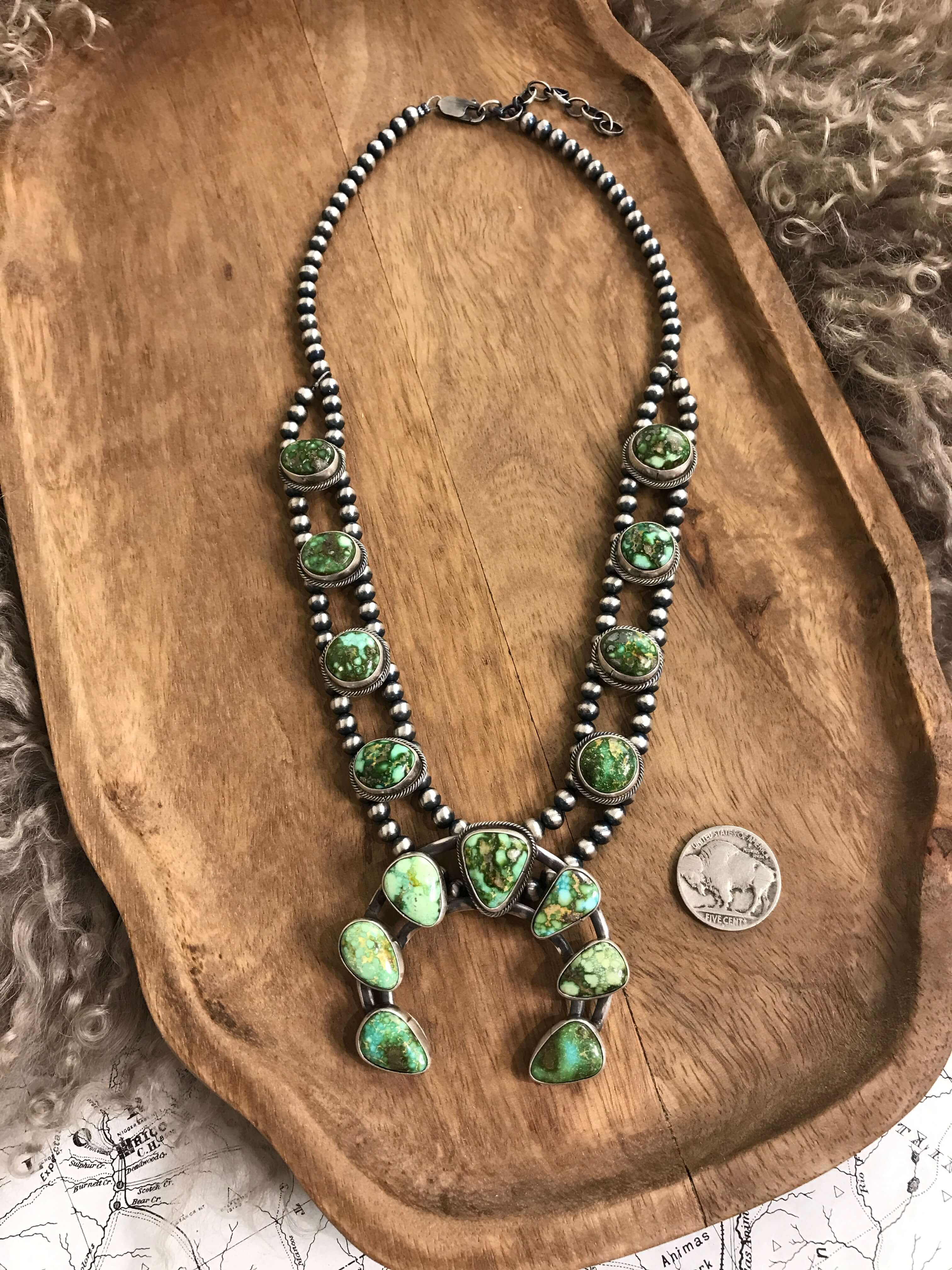 The Tomoka Squash Blossom Necklace-Necklaces-Calli Co., Turquoise and Silver Jewelry, Native American Handmade, Zuni Tribe, Navajo Tribe, Brock Texas