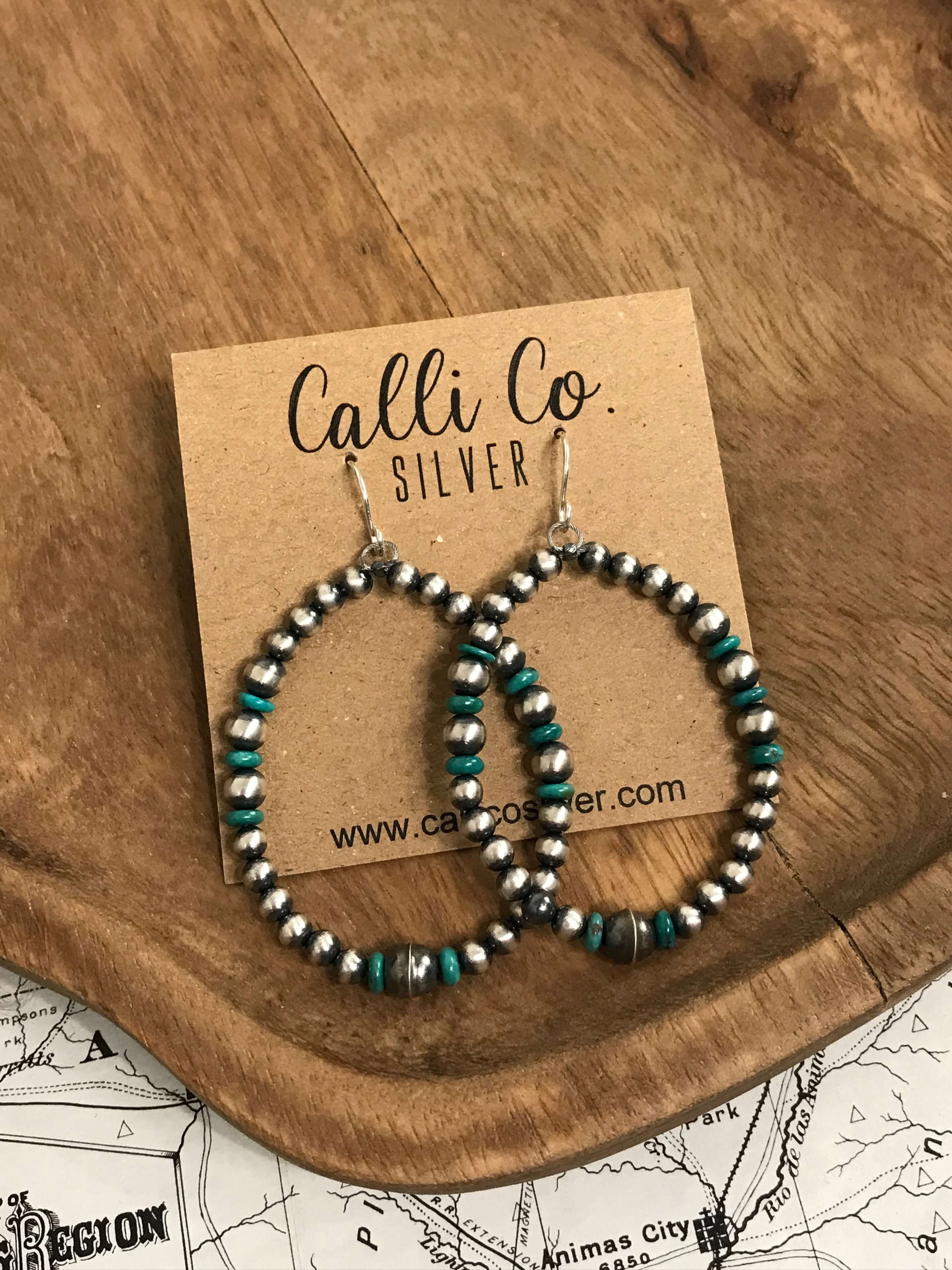 The Cascade Turquoise Hoop Earrings-Earrings-Calli Co., Turquoise and Silver Jewelry, Native American Handmade, Zuni Tribe, Navajo Tribe, Brock Texas