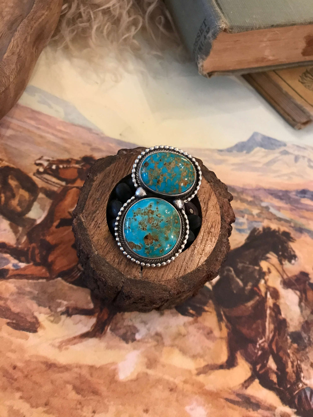 The Wallace Double Stone Turquoise Ring 4, Sz 7.5-Rings-Calli Co., Turquoise and Silver Jewelry, Native American Handmade, Zuni Tribe, Navajo Tribe, Brock Texas