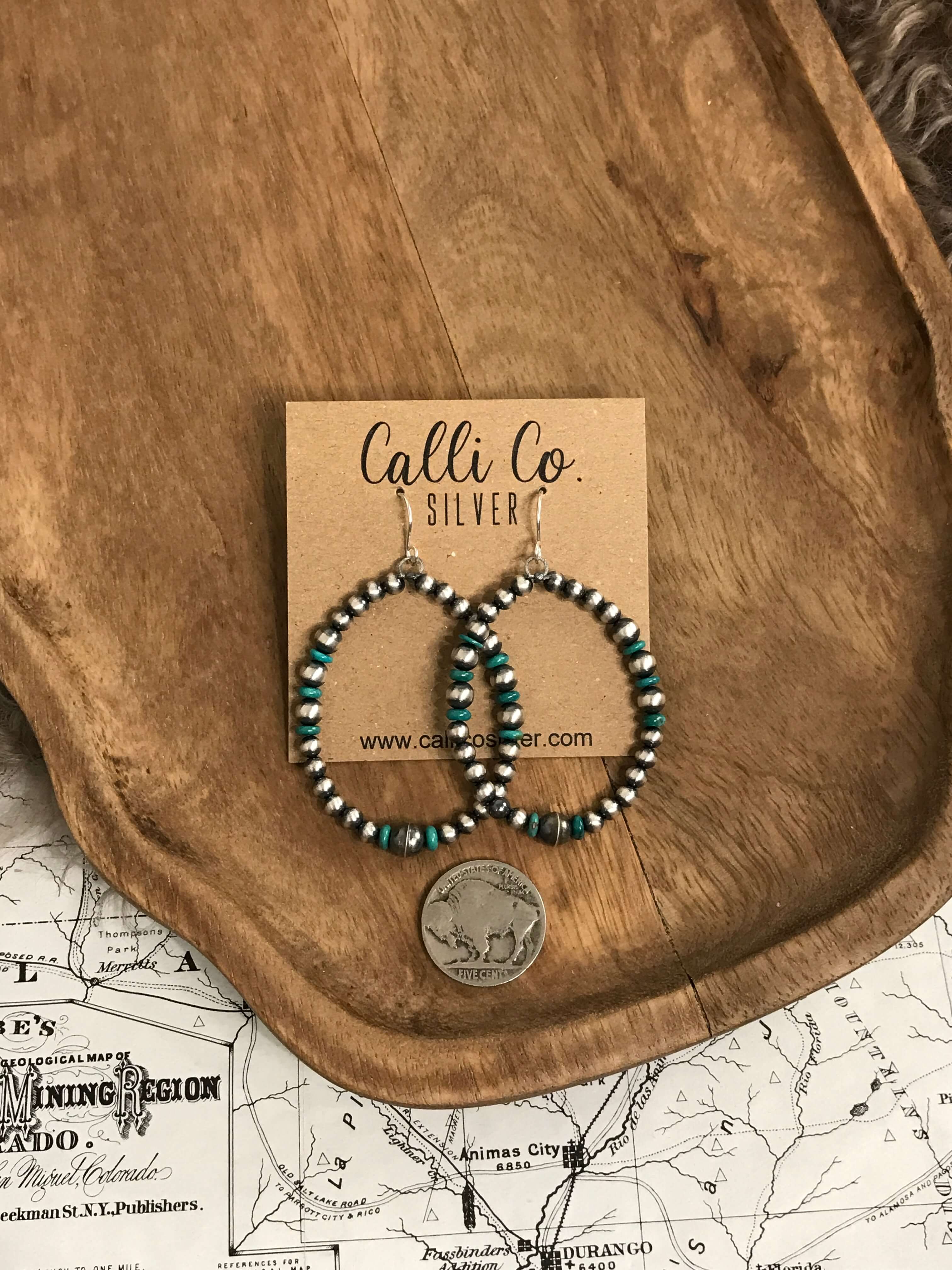 The Cascade Turquoise Hoop Earrings-Earrings-Calli Co., Turquoise and Silver Jewelry, Native American Handmade, Zuni Tribe, Navajo Tribe, Brock Texas