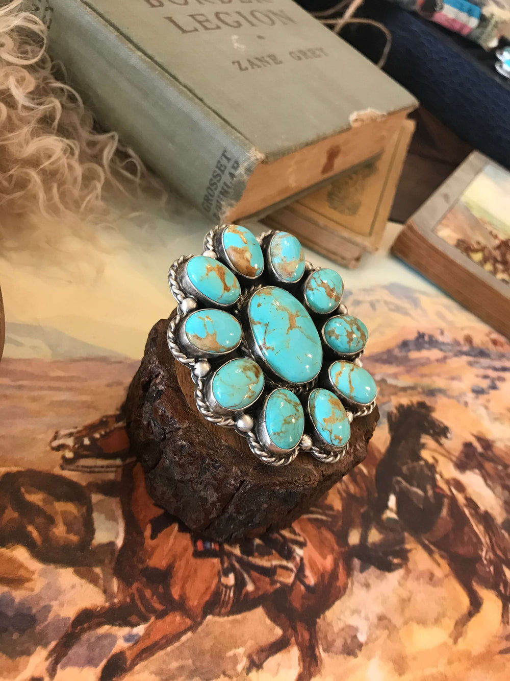 The Salado Turquoise Cluster Ring, Adjustable-Rings-Calli Co., Turquoise and Silver Jewelry, Native American Handmade, Zuni Tribe, Navajo Tribe, Brock Texas