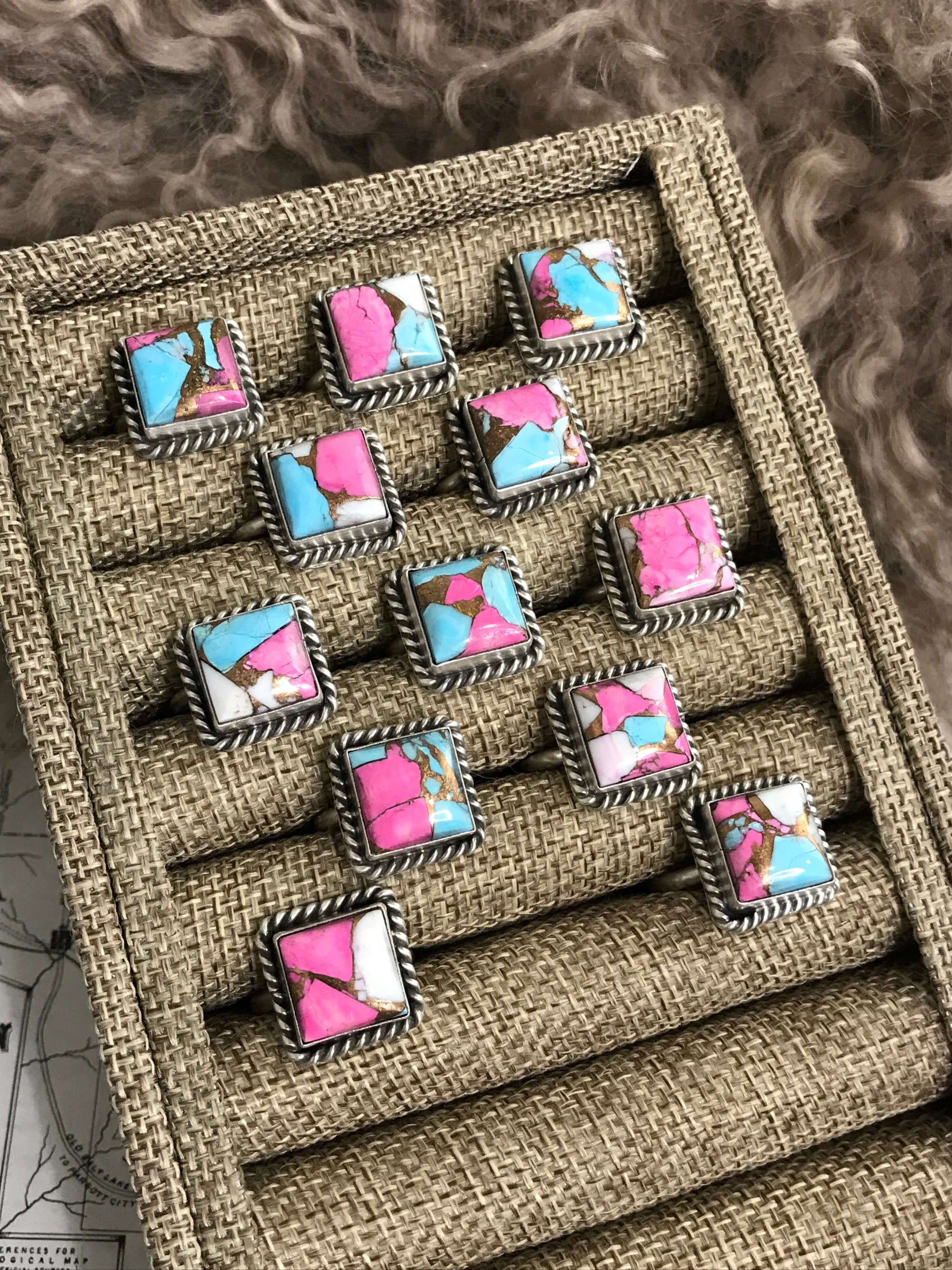 The Cotton Candy Square Adjustable Rings-Rings-Calli Co., Turquoise and Silver Jewelry, Native American Handmade, Zuni Tribe, Navajo Tribe, Brock Texas