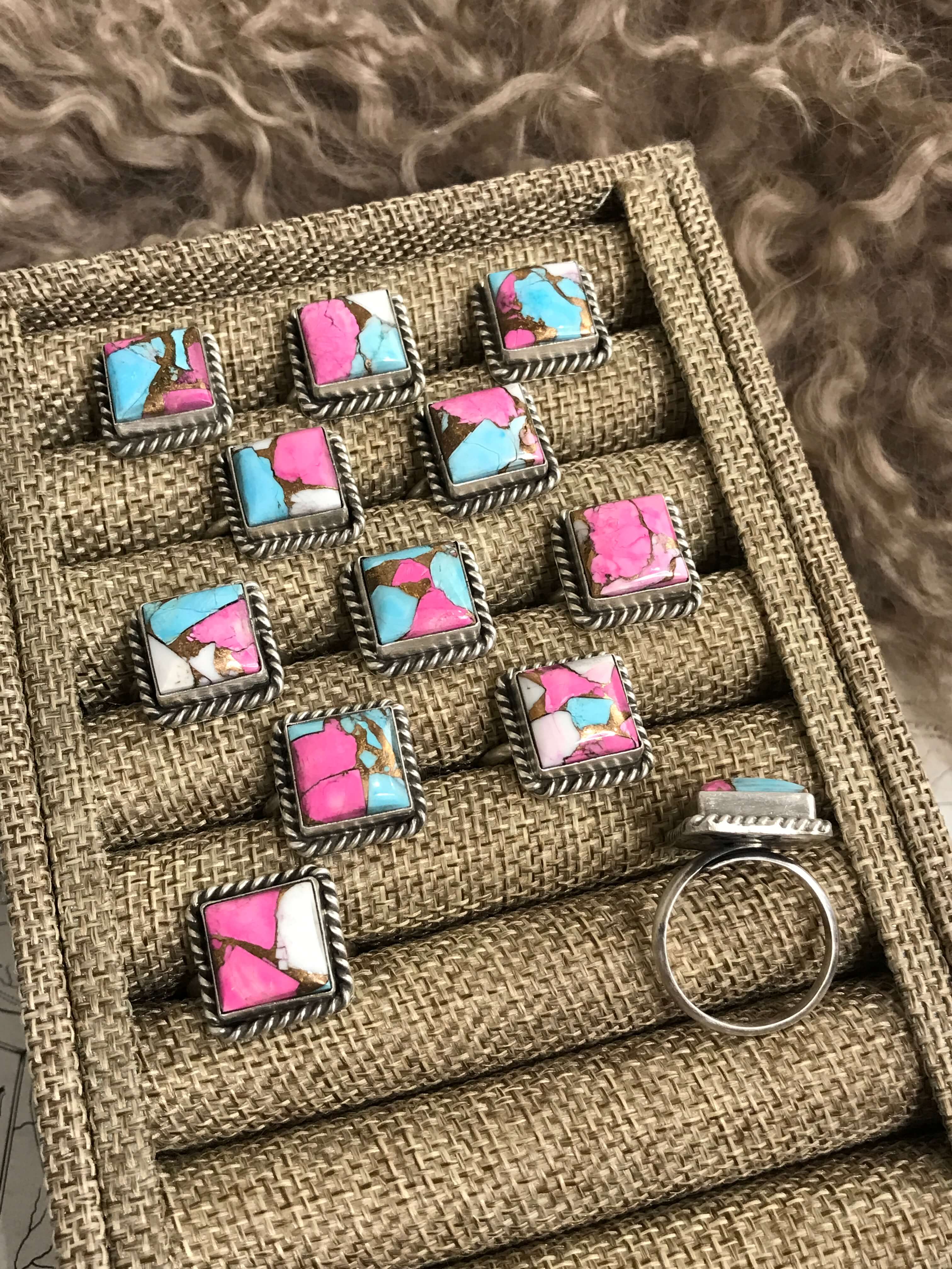 The Cotton Candy Square Adjustable Rings-Rings-Calli Co., Turquoise and Silver Jewelry, Native American Handmade, Zuni Tribe, Navajo Tribe, Brock Texas