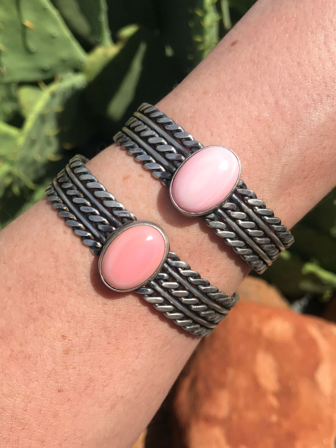 The Trilly Pink Conch Cuffs-Bracelets & Cuffs-Calli Co., Turquoise and Silver Jewelry, Native American Handmade, Zuni Tribe, Navajo Tribe, Brock Texas