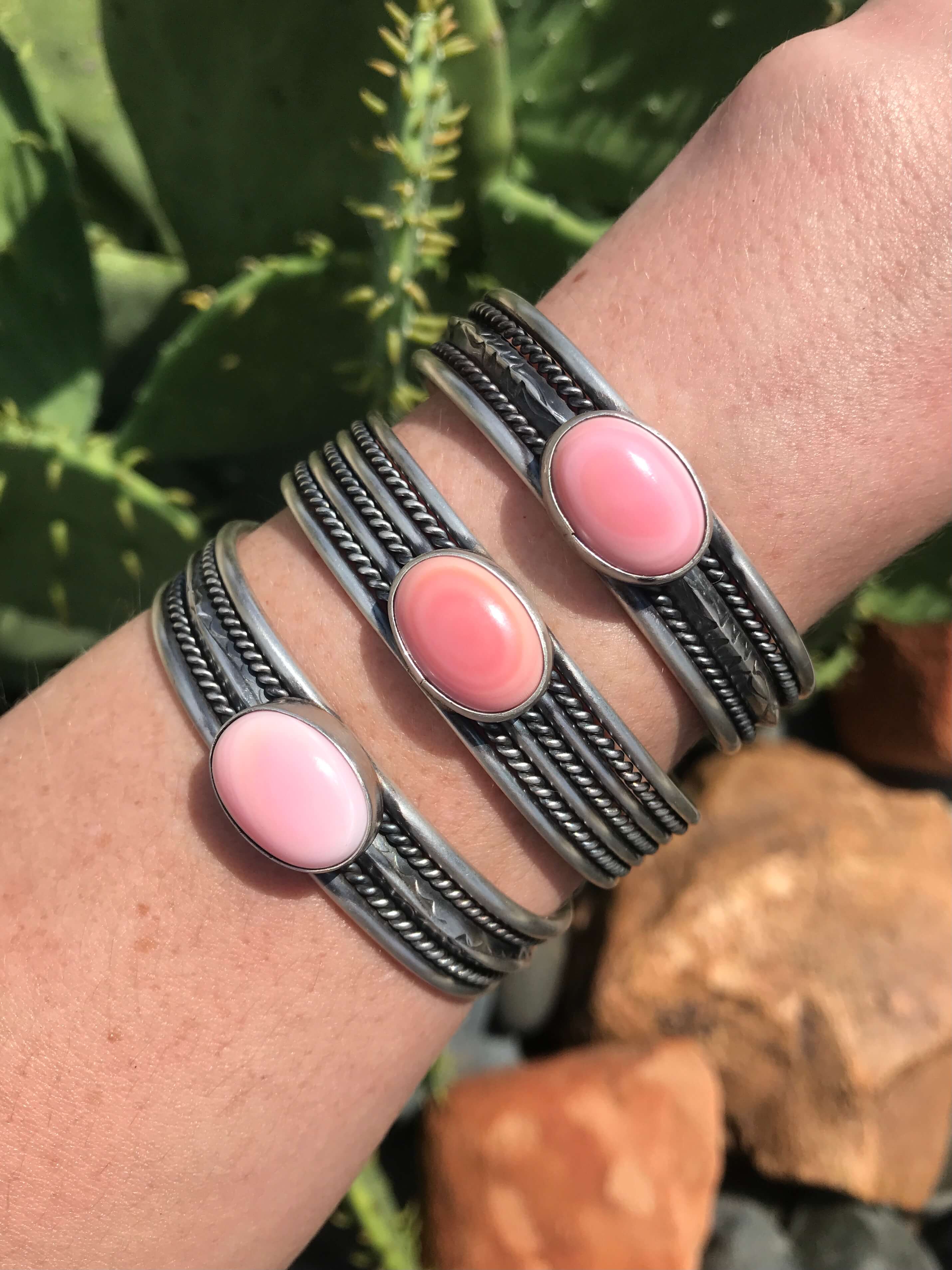 The Levelland Pink Conch Cuffs-Bracelets & Cuffs-Calli Co., Turquoise and Silver Jewelry, Native American Handmade, Zuni Tribe, Navajo Tribe, Brock Texas
