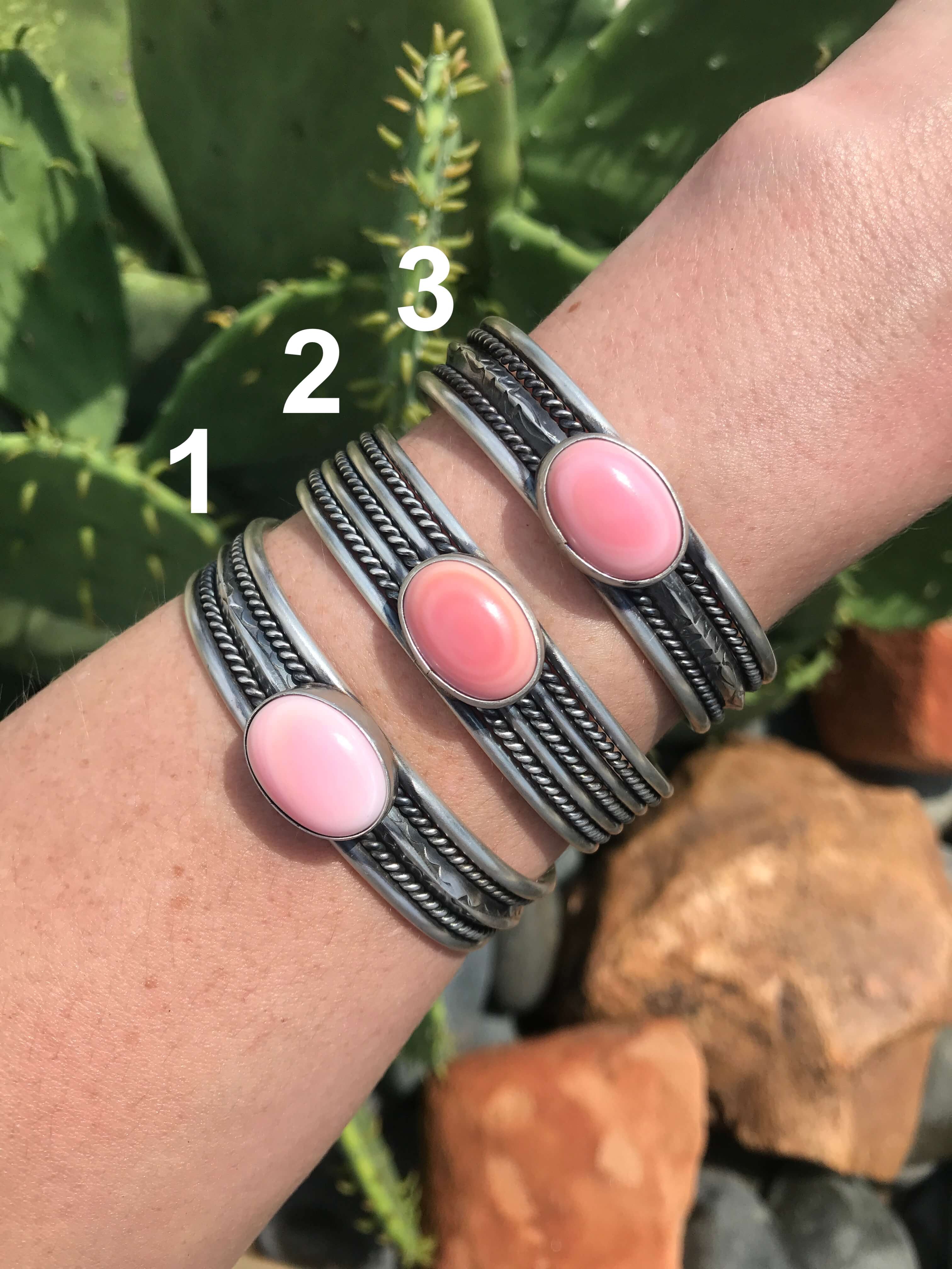 The Levelland Pink Conch Cuffs-Bracelets & Cuffs-Calli Co., Turquoise and Silver Jewelry, Native American Handmade, Zuni Tribe, Navajo Tribe, Brock Texas