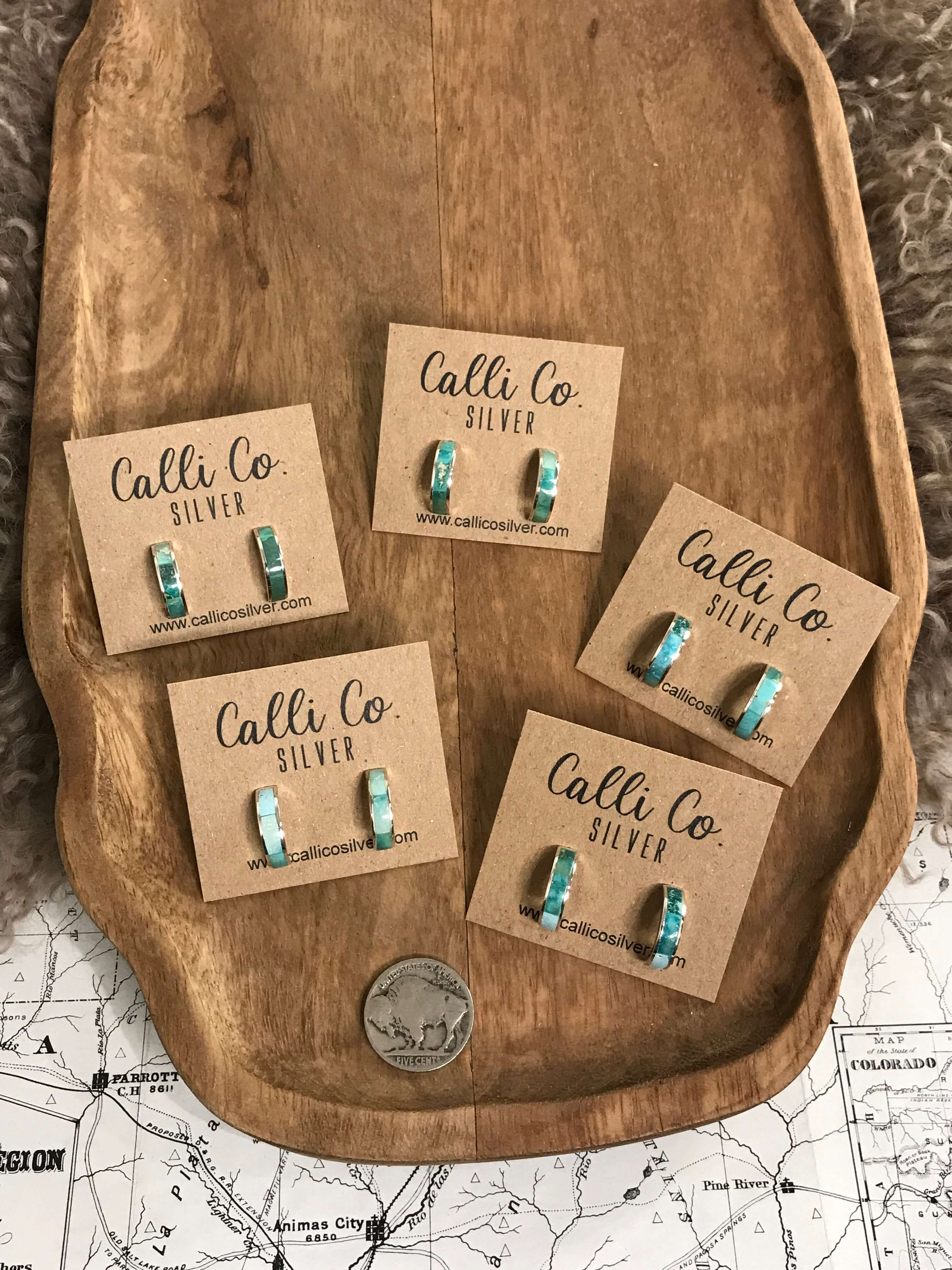 The Turquoise Inlay Hoops-Earrings-Calli Co., Turquoise and Silver Jewelry, Native American Handmade, Zuni Tribe, Navajo Tribe, Brock Texas