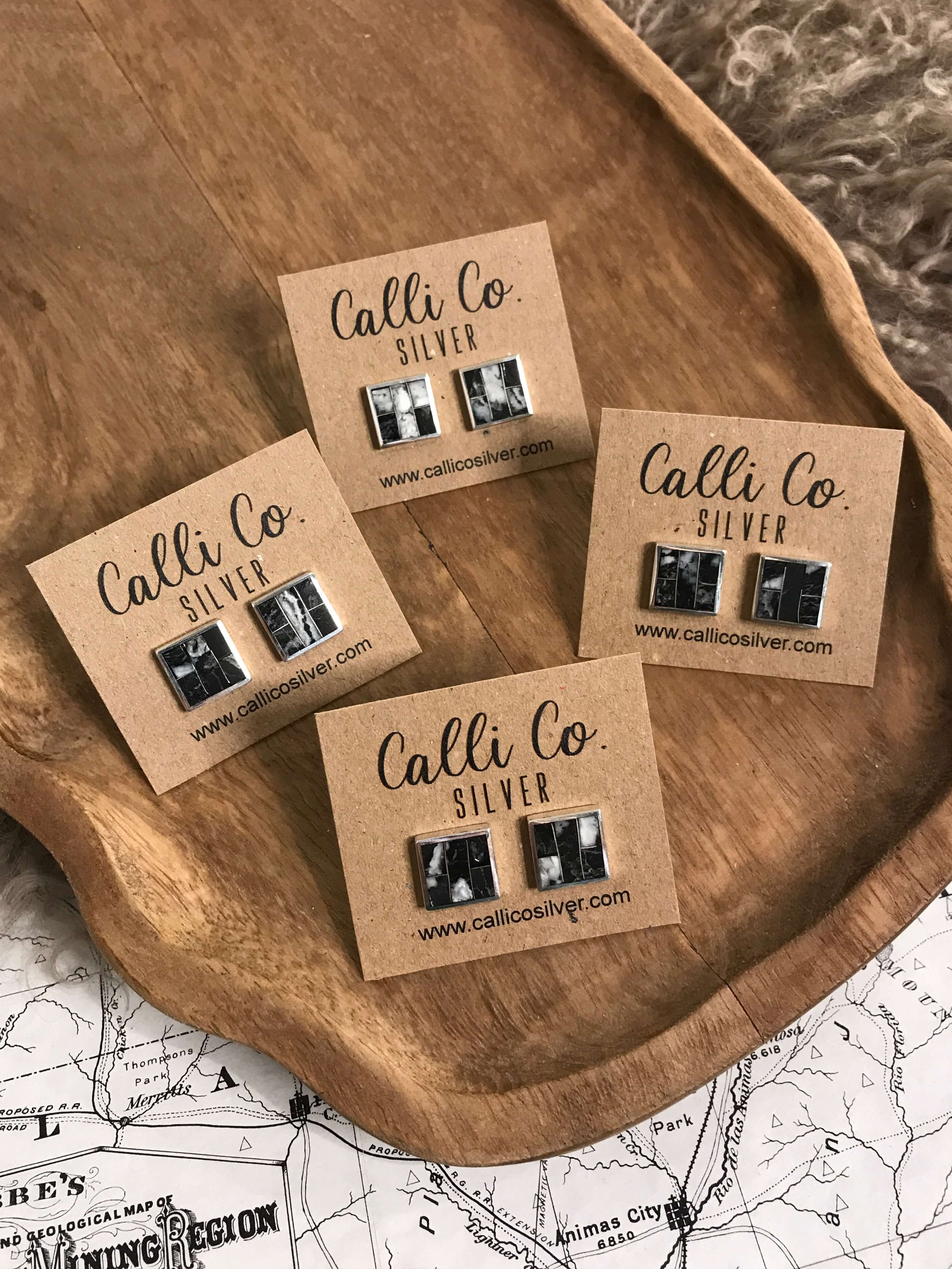 The Grande Bexar Inlay Studs-Earrings-Calli Co., Turquoise and Silver Jewelry, Native American Handmade, Zuni Tribe, Navajo Tribe, Brock Texas