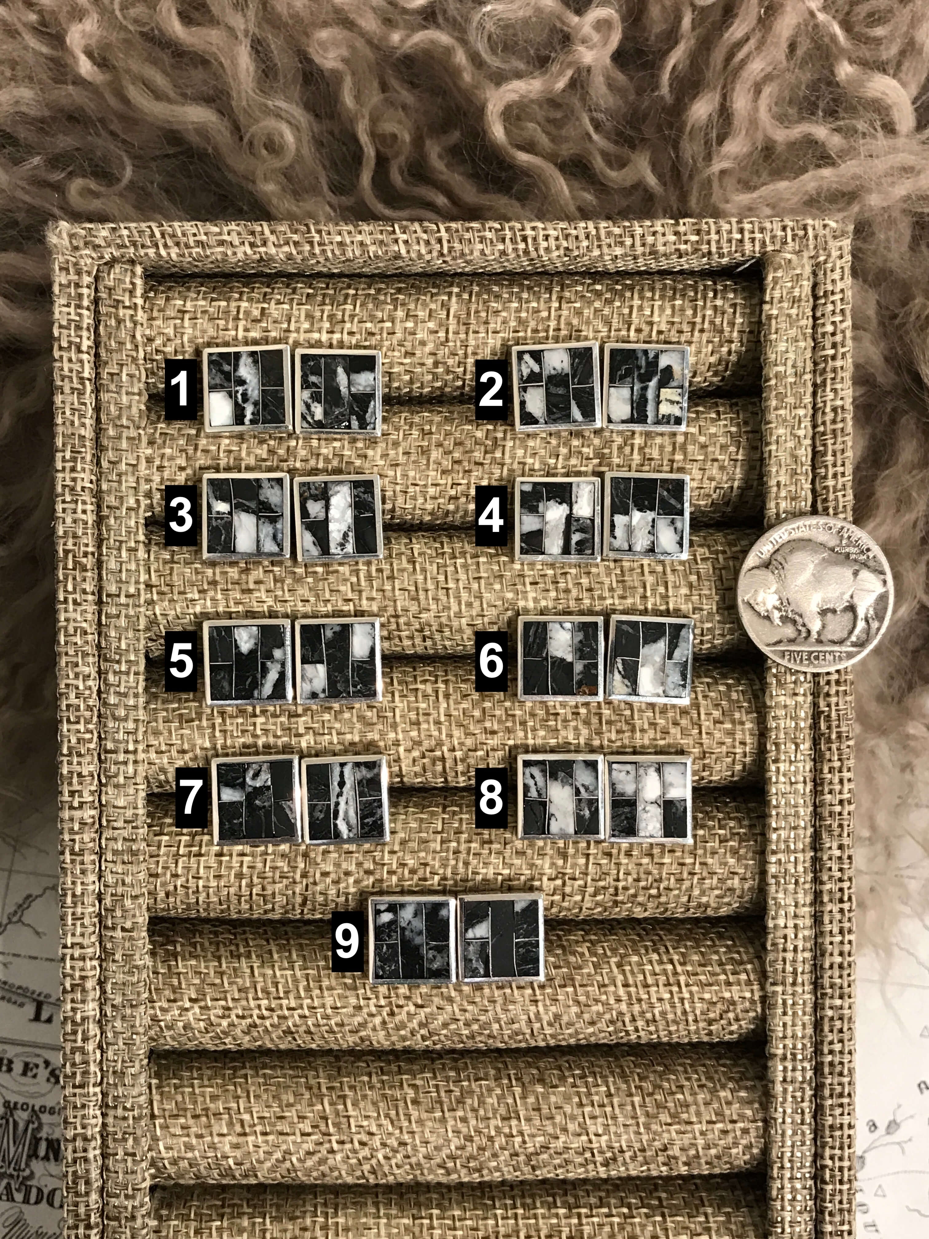 The Grande Bexar Inlay Studs-Earrings-Calli Co., Turquoise and Silver Jewelry, Native American Handmade, Zuni Tribe, Navajo Tribe, Brock Texas