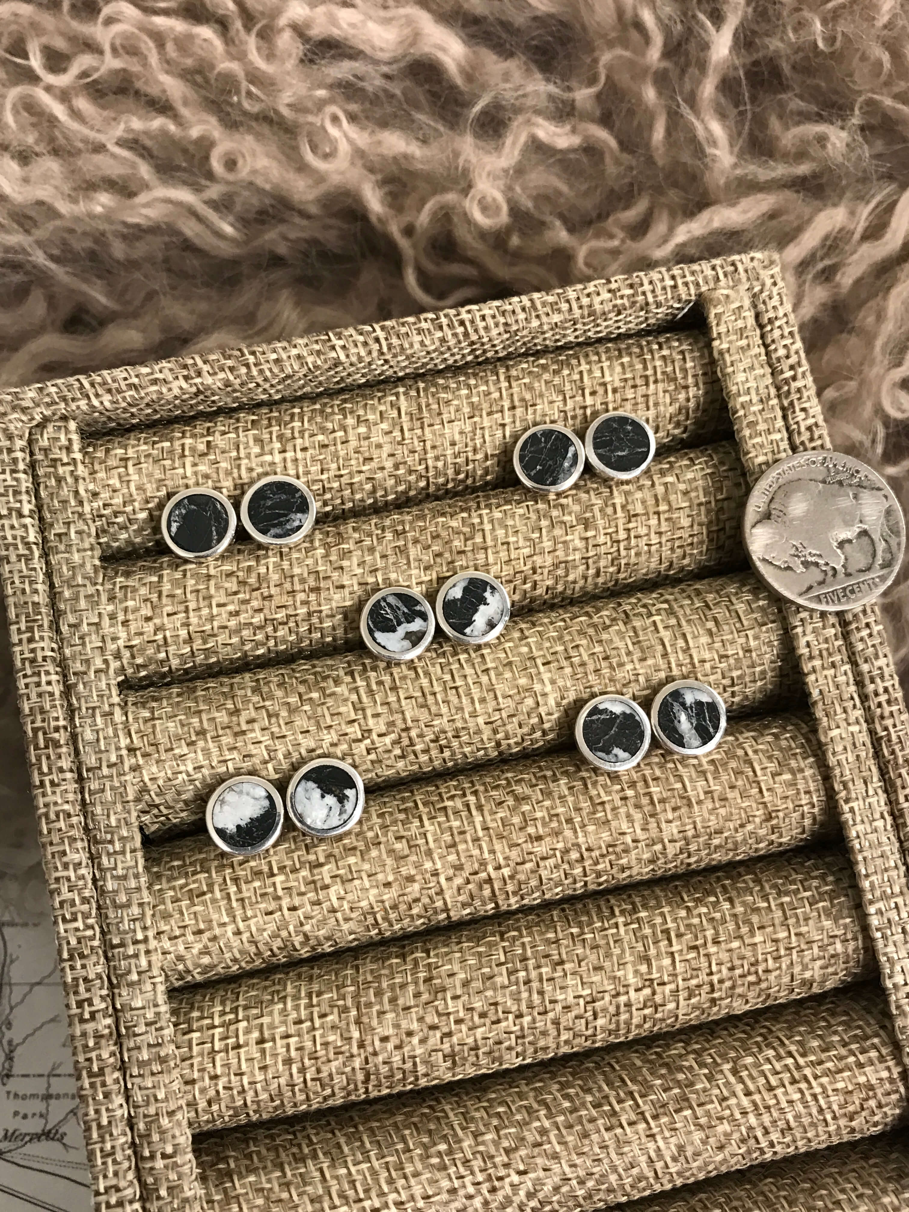 The Petite Monica Inlay Studs-Earrings-Calli Co., Turquoise and Silver Jewelry, Native American Handmade, Zuni Tribe, Navajo Tribe, Brock Texas