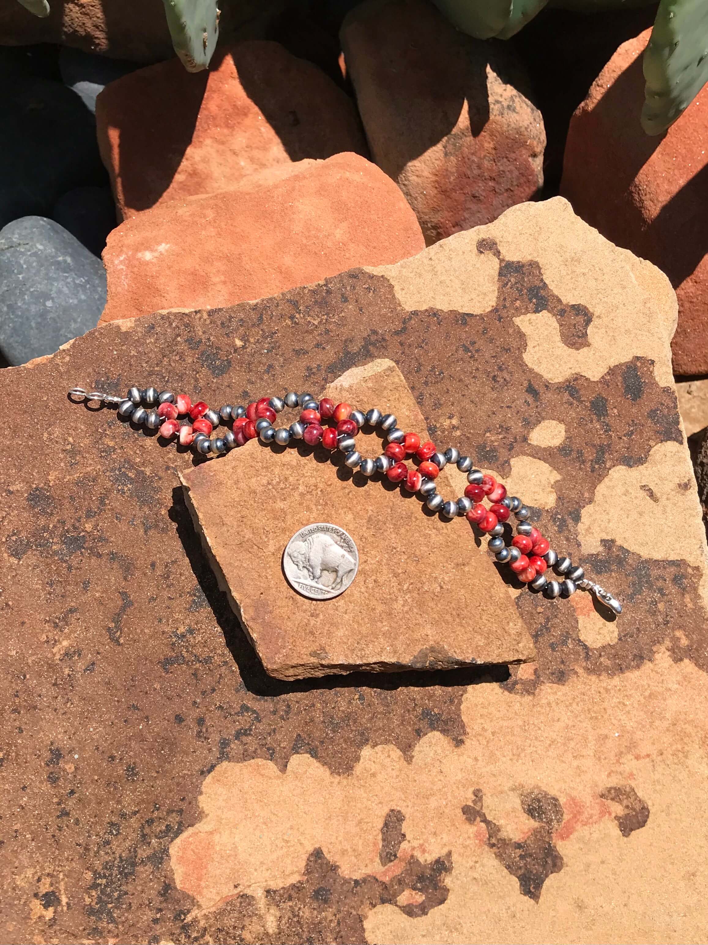 The Daisy Bracelet in Red Spiny-Bracelets & Cuffs-Calli Co., Turquoise and Silver Jewelry, Native American Handmade, Zuni Tribe, Navajo Tribe, Brock Texas