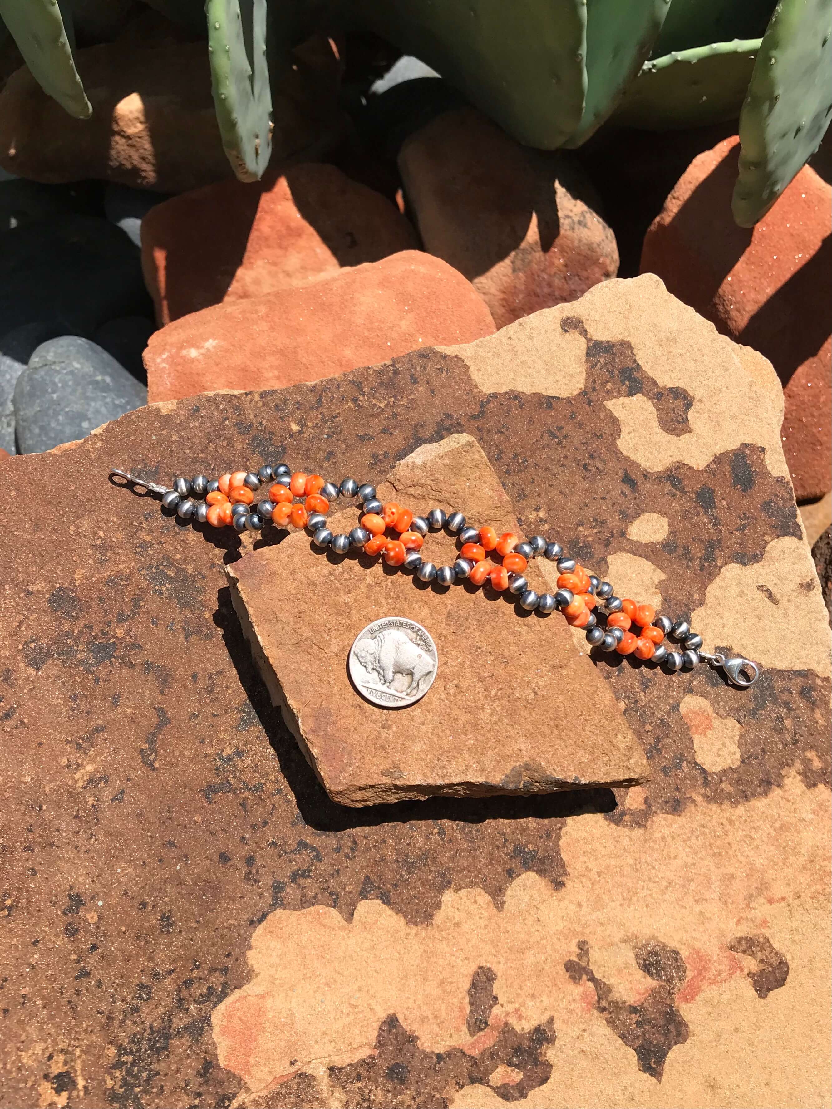 The Daisy Bracelet in Orange Spiny-Bracelets & Cuffs-Calli Co., Turquoise and Silver Jewelry, Native American Handmade, Zuni Tribe, Navajo Tribe, Brock Texas