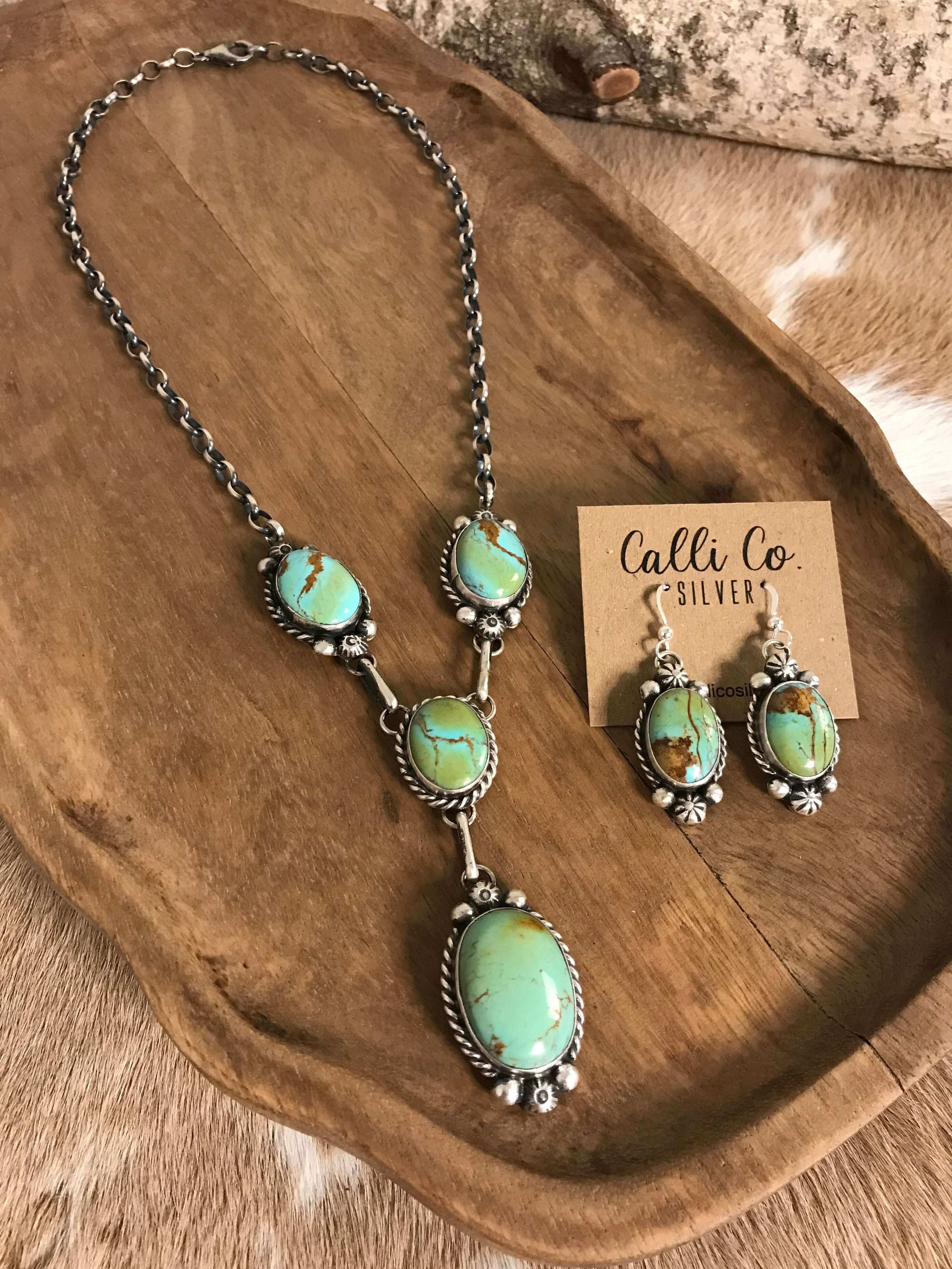 The Copeland Lariat Necklace Set, 1-Necklaces-Calli Co., Turquoise and Silver Jewelry, Native American Handmade, Zuni Tribe, Navajo Tribe, Brock Texas
