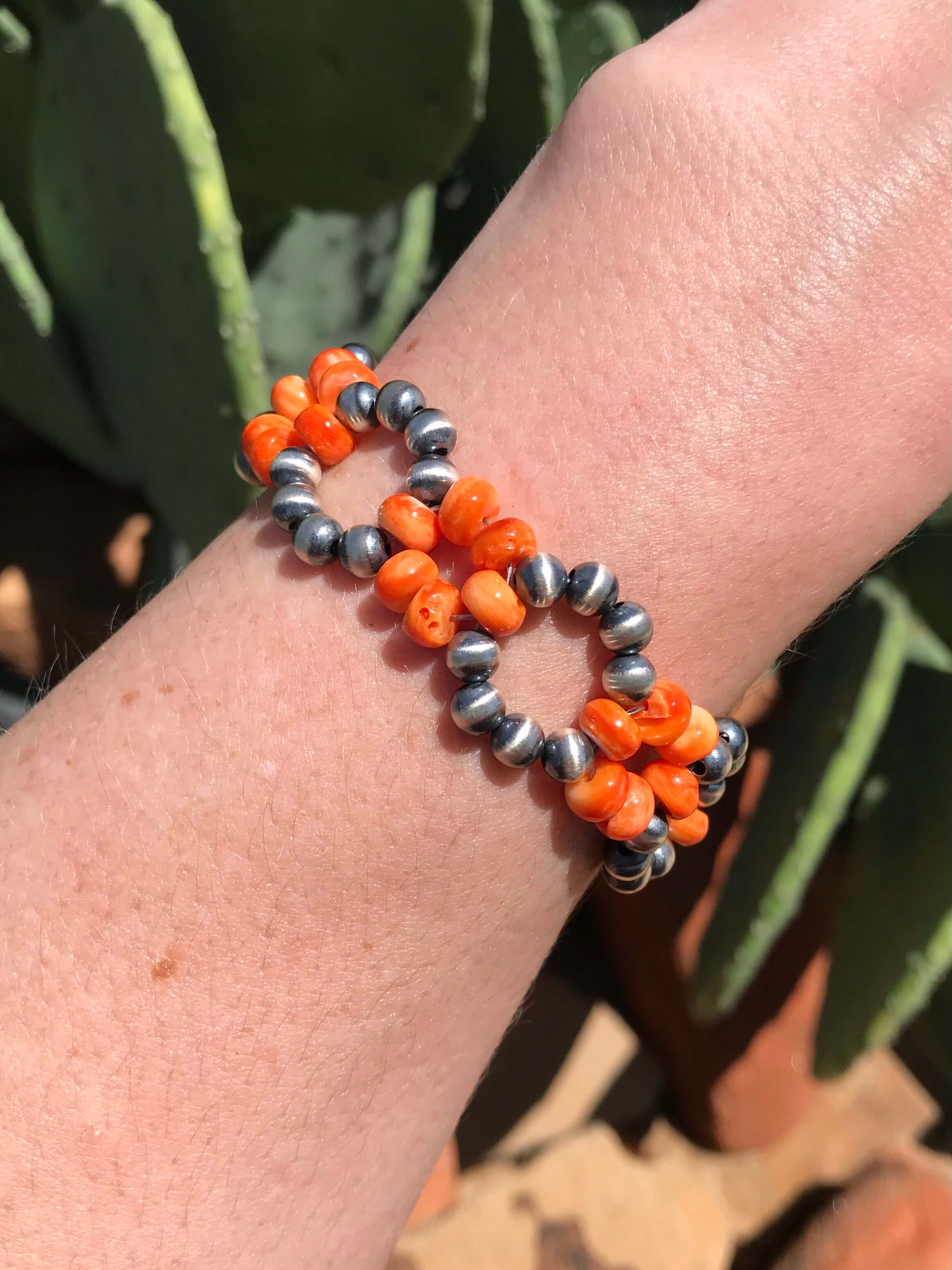 The Daisy Bracelet in Orange Spiny-Bracelets & Cuffs-Calli Co., Turquoise and Silver Jewelry, Native American Handmade, Zuni Tribe, Navajo Tribe, Brock Texas