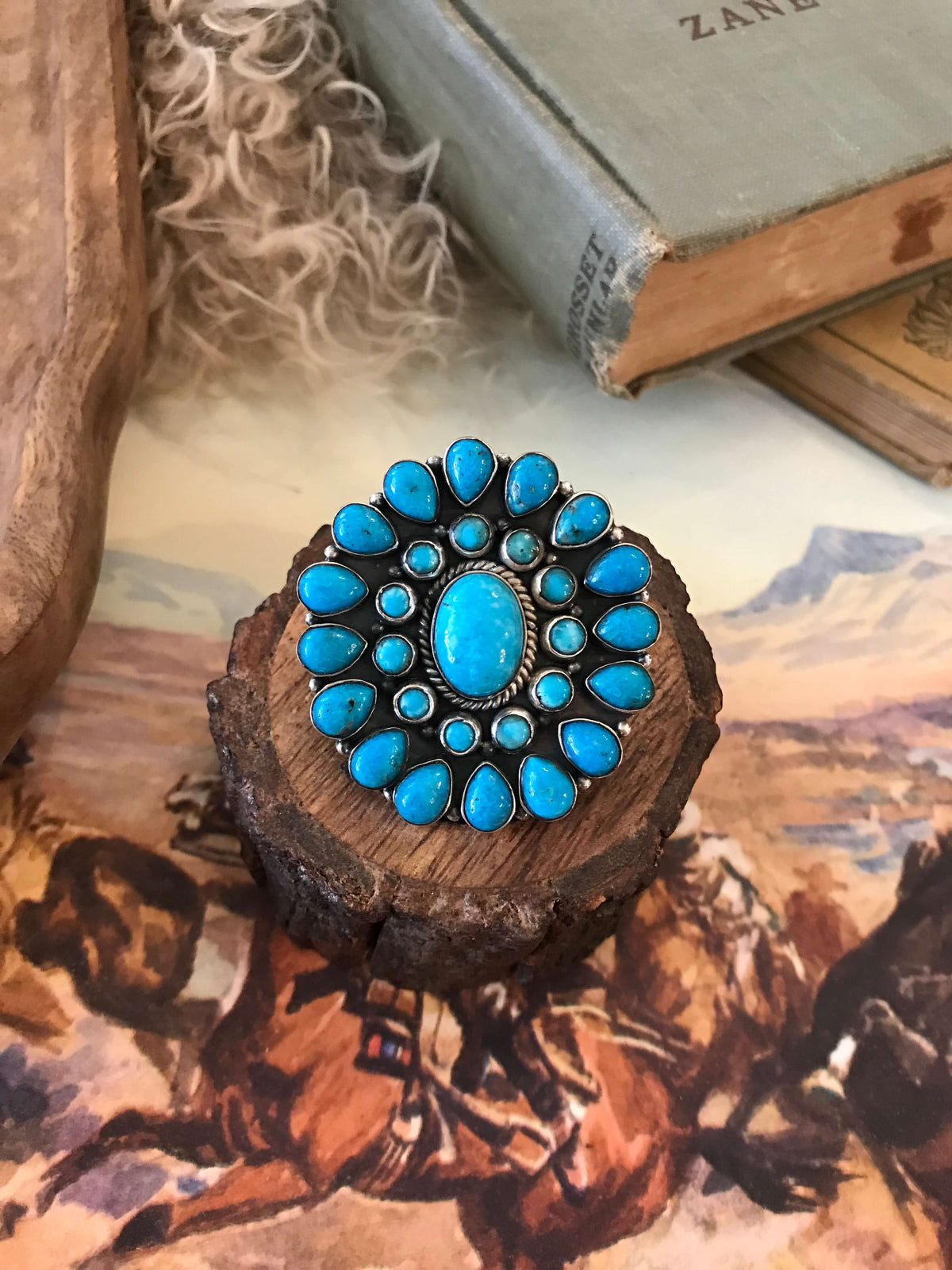 The Vanderbilt Turquoise Cluster Ring 2, Sz 8-Rings-Calli Co., Turquoise and Silver Jewelry, Native American Handmade, Zuni Tribe, Navajo Tribe, Brock Texas