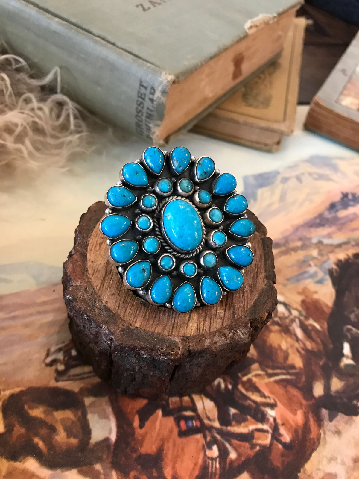The Vanderbilt Turquoise Cluster Ring 2, Sz 8-Rings-Calli Co., Turquoise and Silver Jewelry, Native American Handmade, Zuni Tribe, Navajo Tribe, Brock Texas