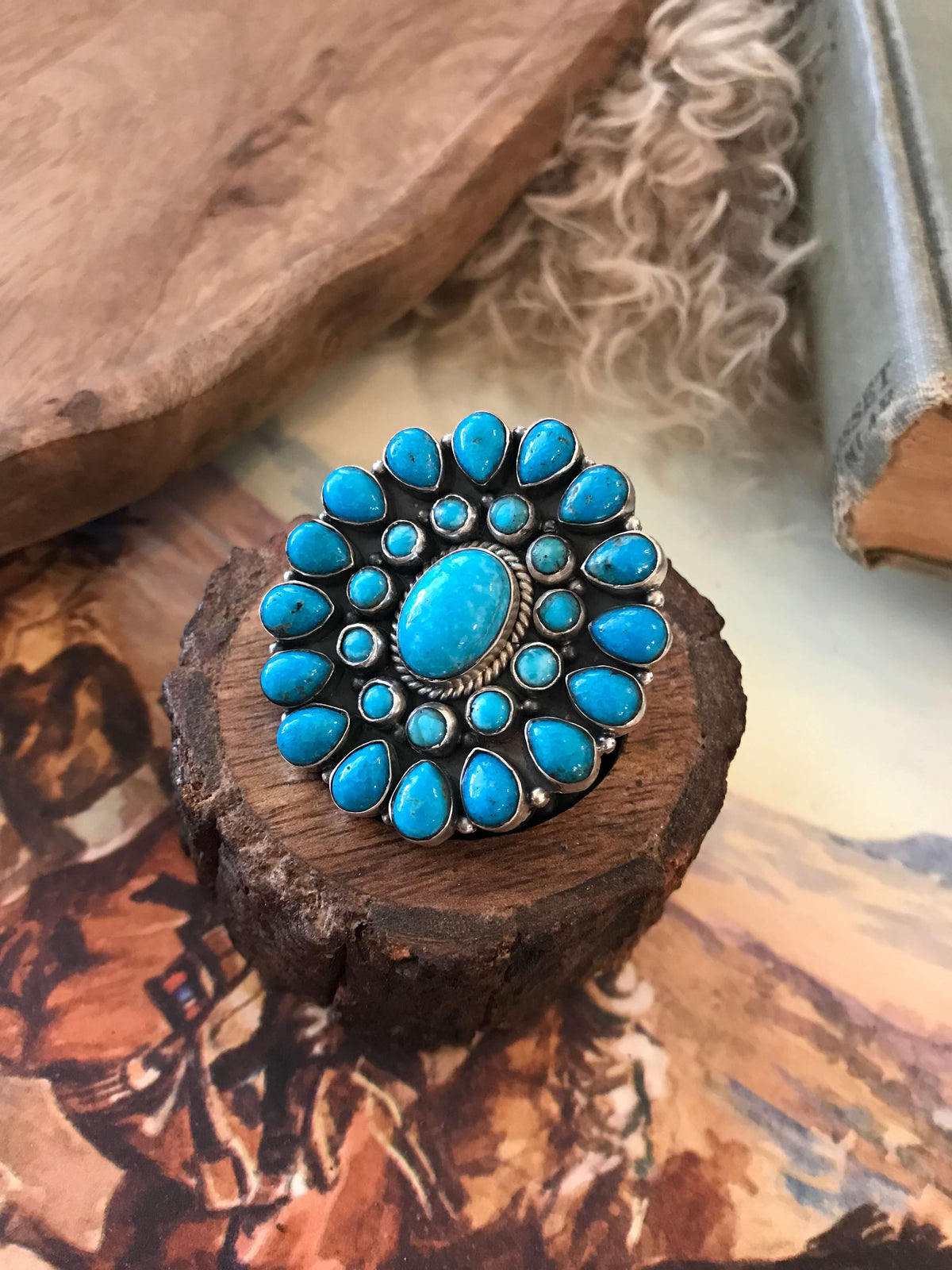 The Vanderbilt Turquoise Cluster Ring 2, Sz 8-Rings-Calli Co., Turquoise and Silver Jewelry, Native American Handmade, Zuni Tribe, Navajo Tribe, Brock Texas