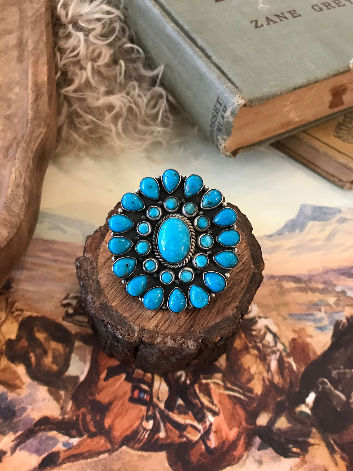 The Vanderbilt Turquoise Cluster Ring 2, Sz 8-Rings-Calli Co., Turquoise and Silver Jewelry, Native American Handmade, Zuni Tribe, Navajo Tribe, Brock Texas