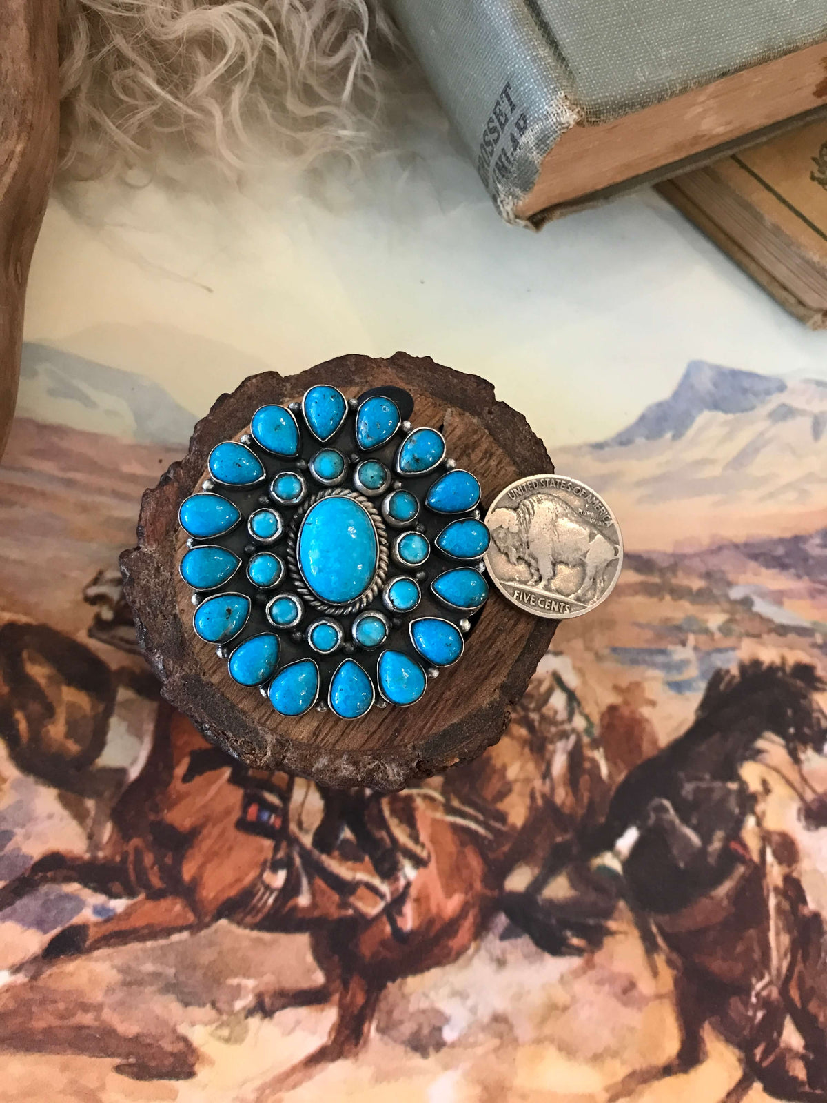 The Vanderbilt Turquoise Cluster Ring 2, Sz 8-Rings-Calli Co., Turquoise and Silver Jewelry, Native American Handmade, Zuni Tribe, Navajo Tribe, Brock Texas