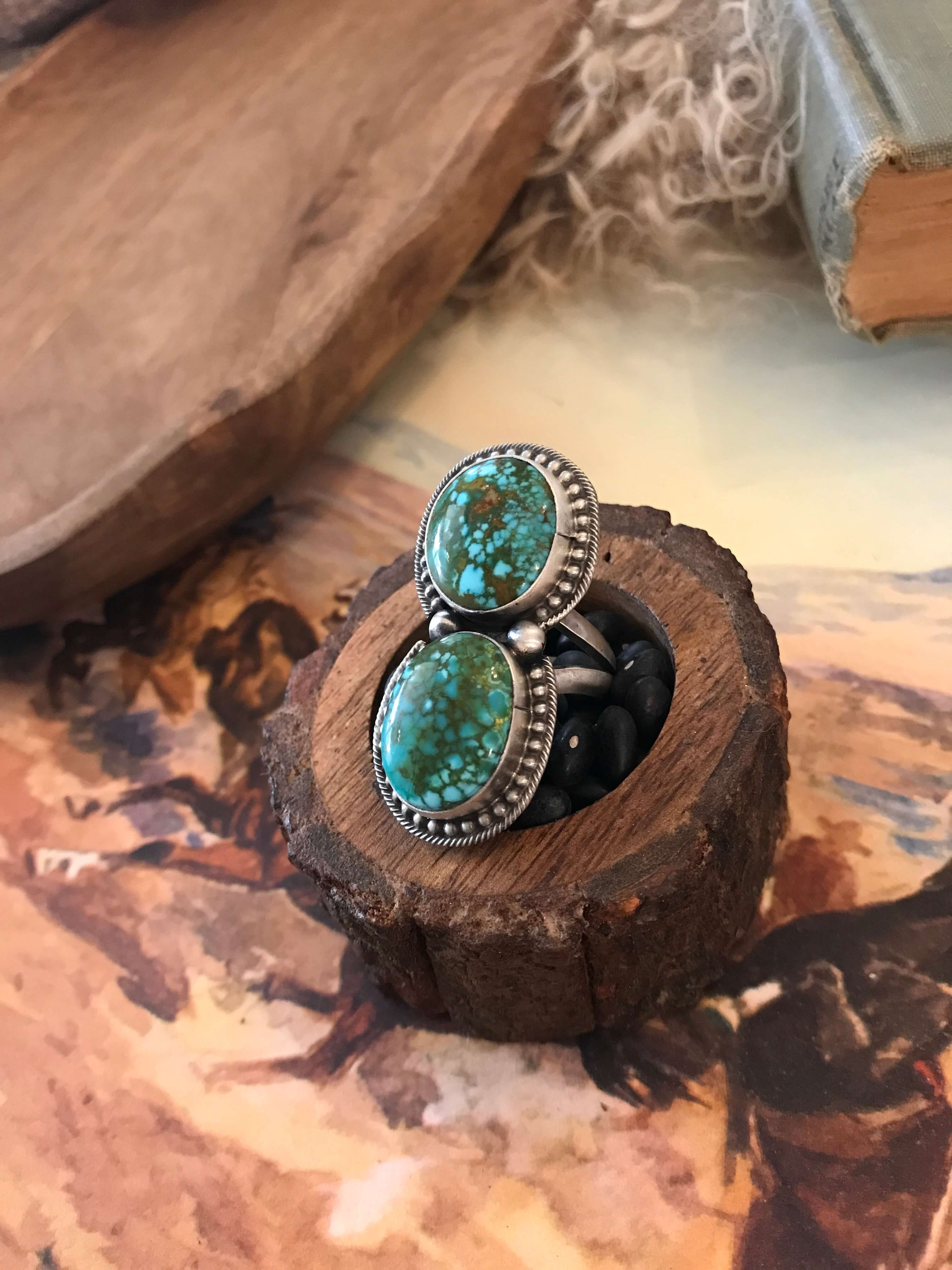 The Wallace Double Stone Turquoise Ring 61, Sz 8.5-Rings-Calli Co., Turquoise and Silver Jewelry, Native American Handmade, Zuni Tribe, Navajo Tribe, Brock Texas
