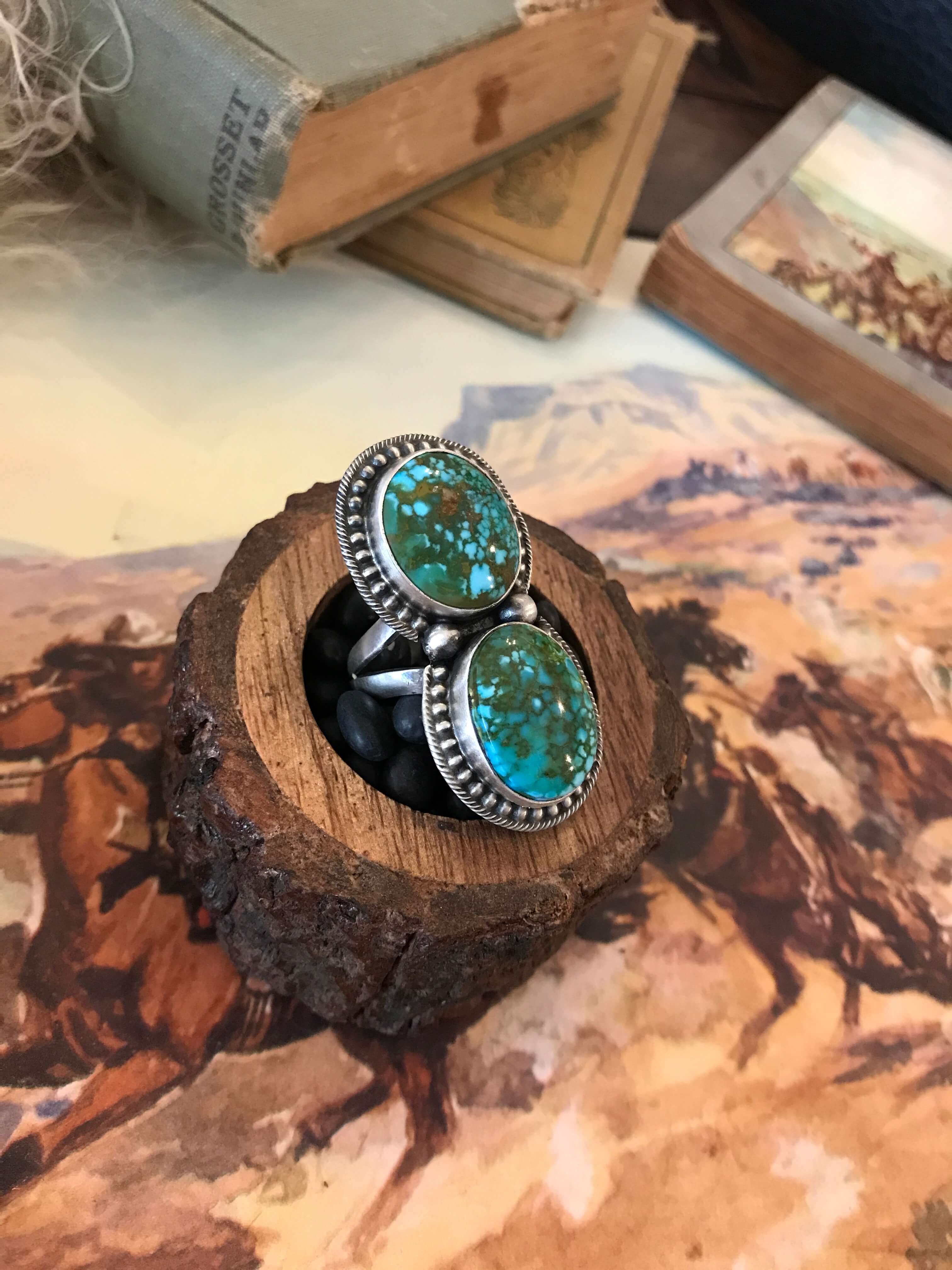 The Wallace Double Stone Turquoise Ring 61, Sz 8.5-Rings-Calli Co., Turquoise and Silver Jewelry, Native American Handmade, Zuni Tribe, Navajo Tribe, Brock Texas